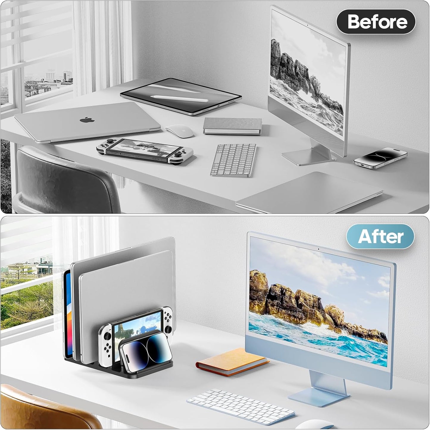 KDD 4-Slot 6-in-1 Vertical Laptop Stand with Gravity Locking, Laptop Holder Desktop Stand, Space-Saving Organizer Fits