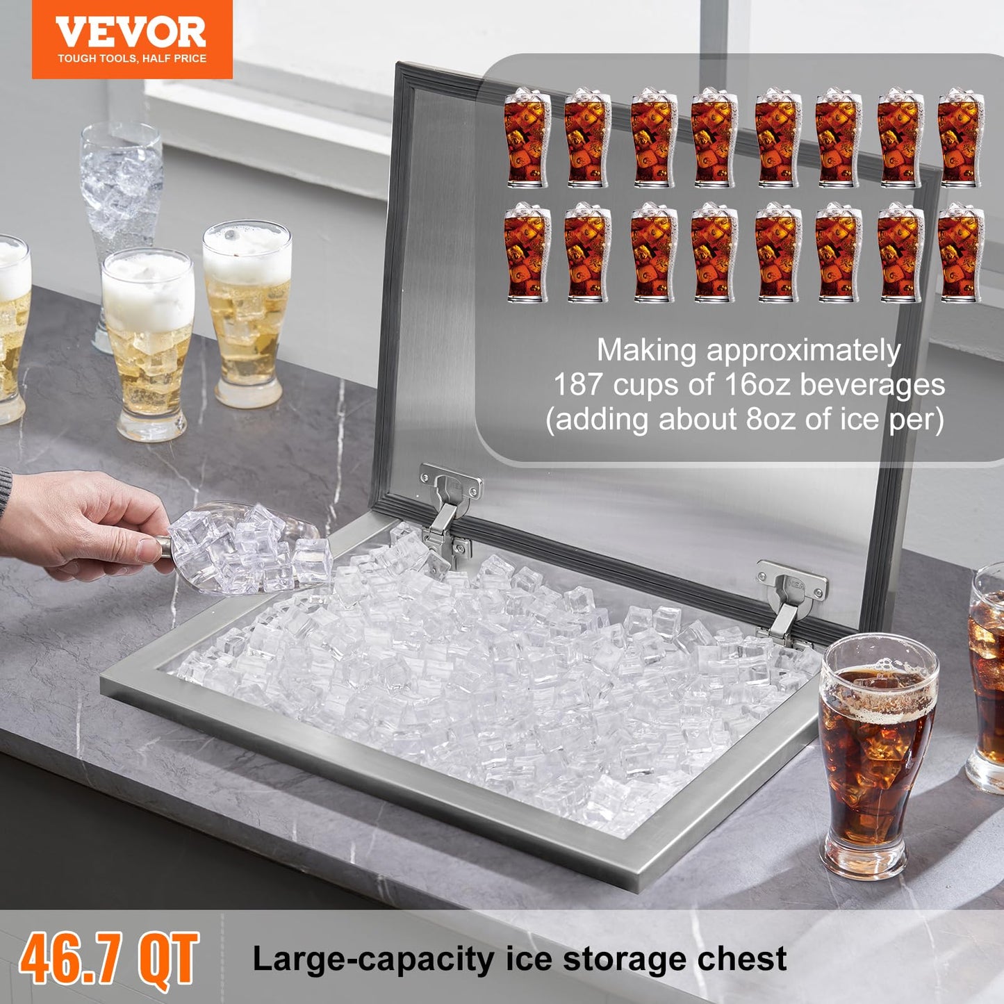VEVOR Drop in Ice Chest, 20" L x 16" W x 13" H Stainless Steel Ice Cooler, Commercial Ice Bin with Hinged Cover, 40 qt Outdoor Kitchen Ice Bar, Drain-Pipe and Drain Plug Included, for Cold Wine Beer
