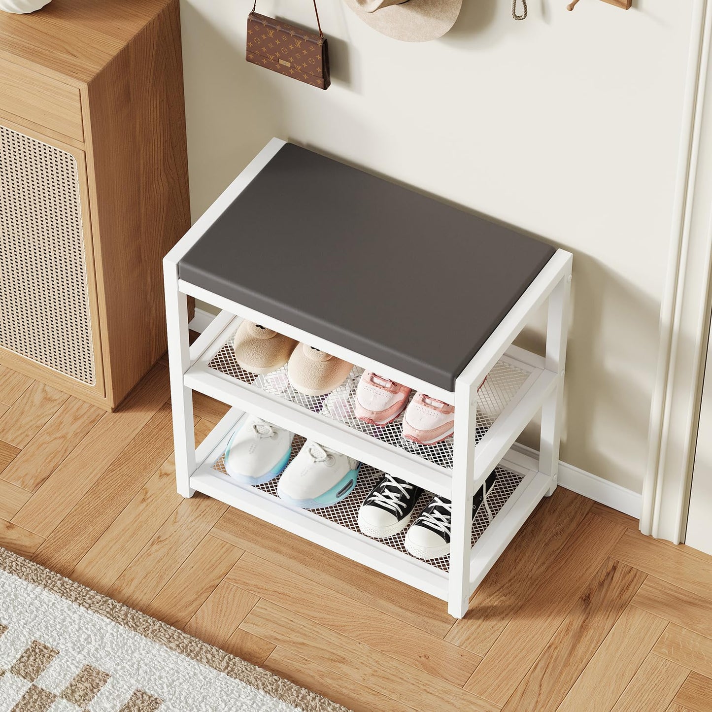 Small Shoe Bench Shoe Rack Storage Bench Entryway Bench Shoe Shelf with Seat Cushion, Stable Shoe Organizer for Entryway, Living Room, Bench Seat Holds Up to 300 lb, (18"L x 12"W x 17"H, White)