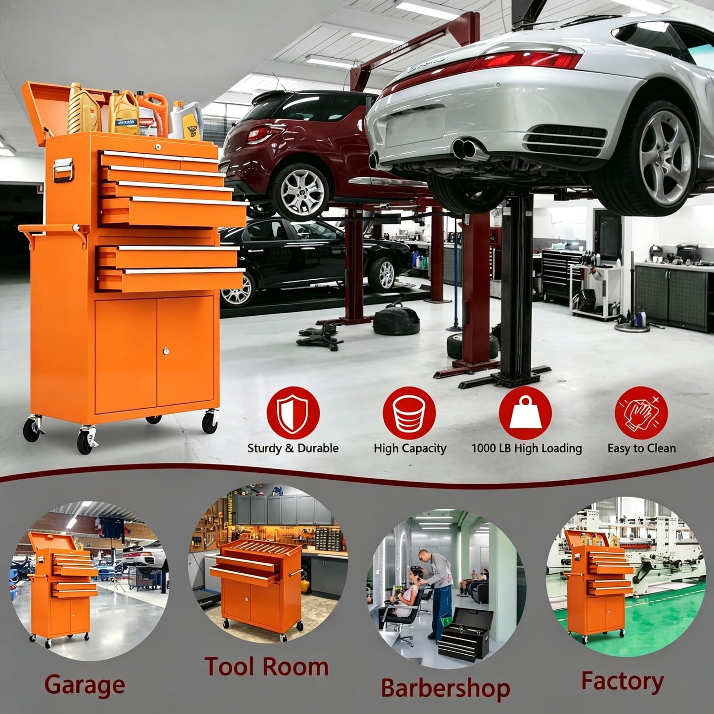 MilleLoom 8 Drawer Tool Chest with Wheels, 2 in 1 Detachable Rolling Tool Box Cabinet, Locking Metal Tool Storage Organizer with Portable Top Chest for Garage Workshop, Orange
