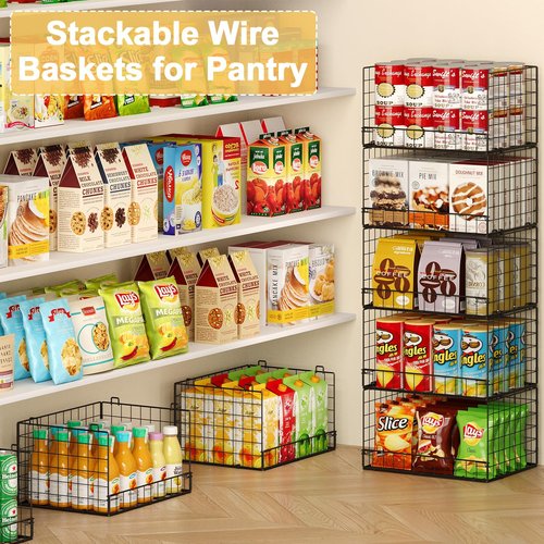 5 Pack Stackable Wire Baskets for Pantry Organizers and Storage, Large Pantry Baskets for Snack Organizer, Foldable Metal Storage Bins for Organizing Snack Can Fruit Vegetable & Toy