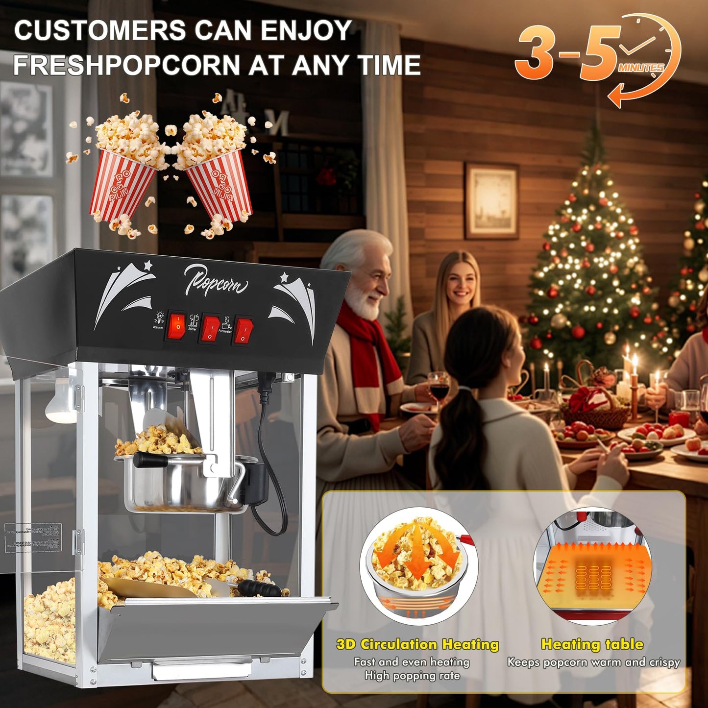 Popcorn Maker Machine,12 Ounce Kettle Stainless Steel Commercial Popcorn Machine with Tempered Glass,Warming Deck, 900W Countertop Popcorn Popper for Parties (Black, 12 Ounce)