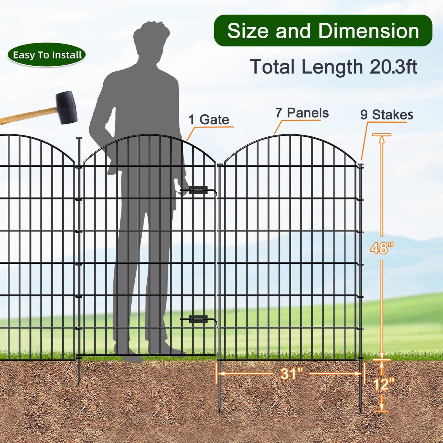 FOREHOGAR Metal Garden Fence with Gate 48in (H) x 20.3ft (L), 1 Gate+ 7 Panels Dog Fences Border Fence Animal Barrier, No Dig Garden Fencing for Yard Flower Bed Lawn Patio Outdoor, ECG4808G, Black