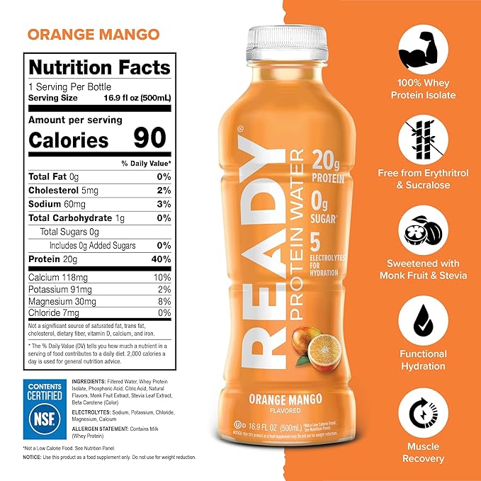 Ready® Protein Water ??20g Whey Protein Isolate, Zero Sugar, Low-Calorie Sports Drink for Hydration & Recovery ??Electrolytes, Essential Amino Acids ??Orange Mango, 16.9 fl oz Bottles (12-Pack)