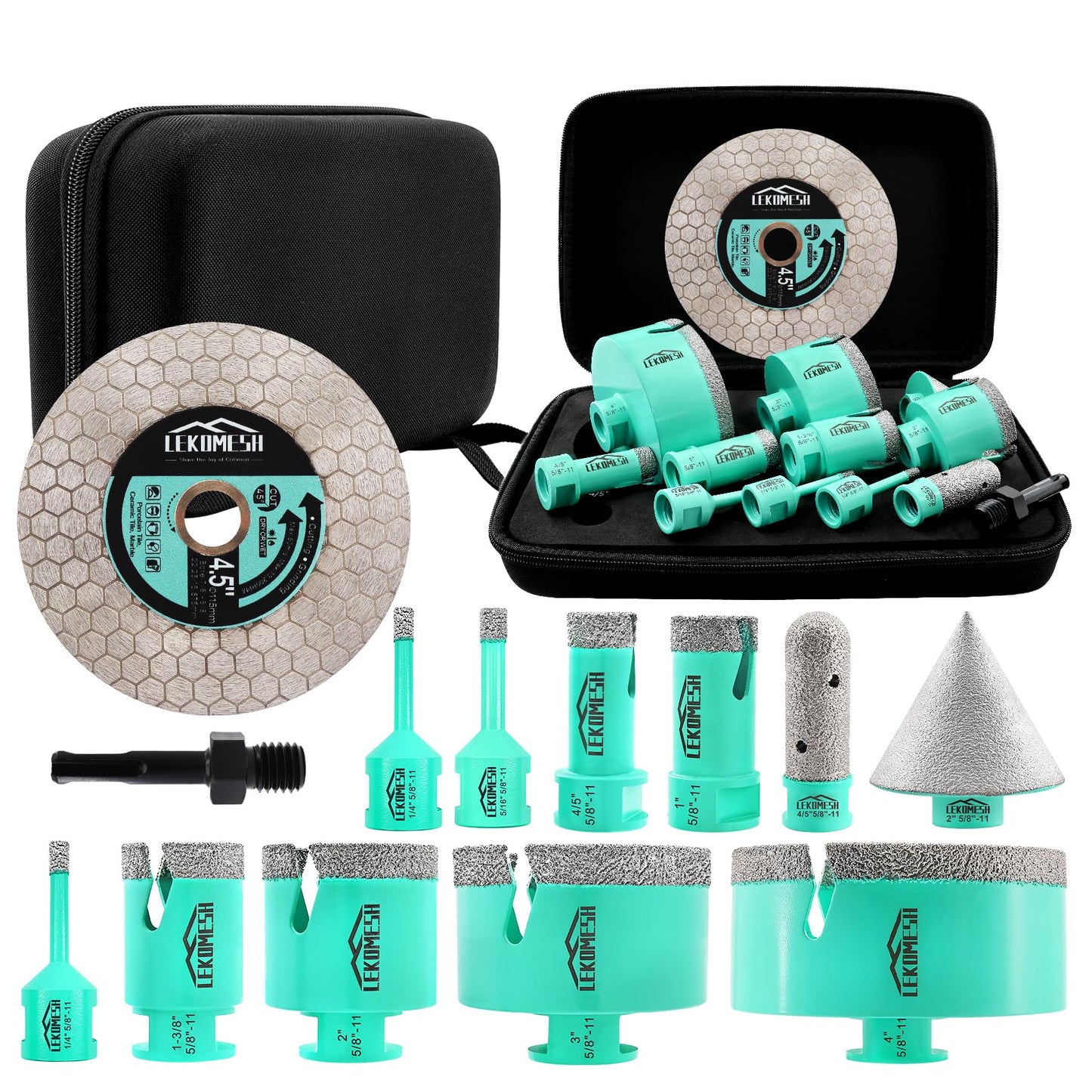 LEKOMESH Tile Hole Saw Kit for Porcelain -(6/6/8/20/25/35/50/75/100mm+Finger Bit+Chamfer Bit+Adapter+Tile Blade) Diamond Tile Drill Bits Precision Cutting for Ceramic Marble Brick Granite