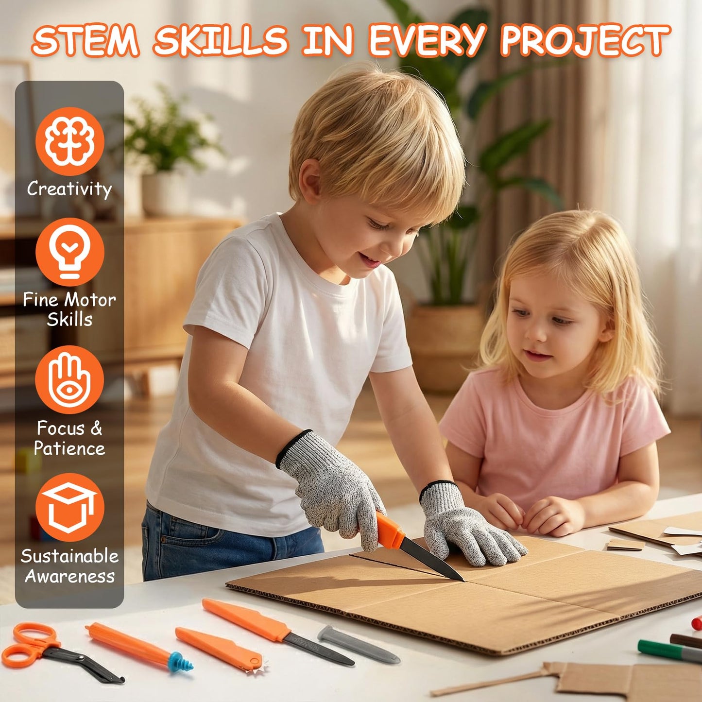 SainSmart Jr. 228 PCS Cardboard Construction Kit, Cardboard Tools for Kids STEM Projects, Classroom & Family DIY Activities | Reusable Cutting Tools with Safe Cutter, Tool Box & Tape Measure