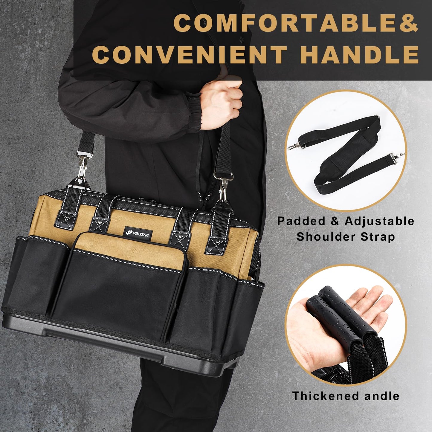 VSHXENG 17 IN Large Tool Bag For Men Heavy Duty, Drill Bag Tool Bag Organizer, Wide Mouth Waterproof Hard Bottom Multiple Pockets Tool Tote, Tool Caddy, Maintenance