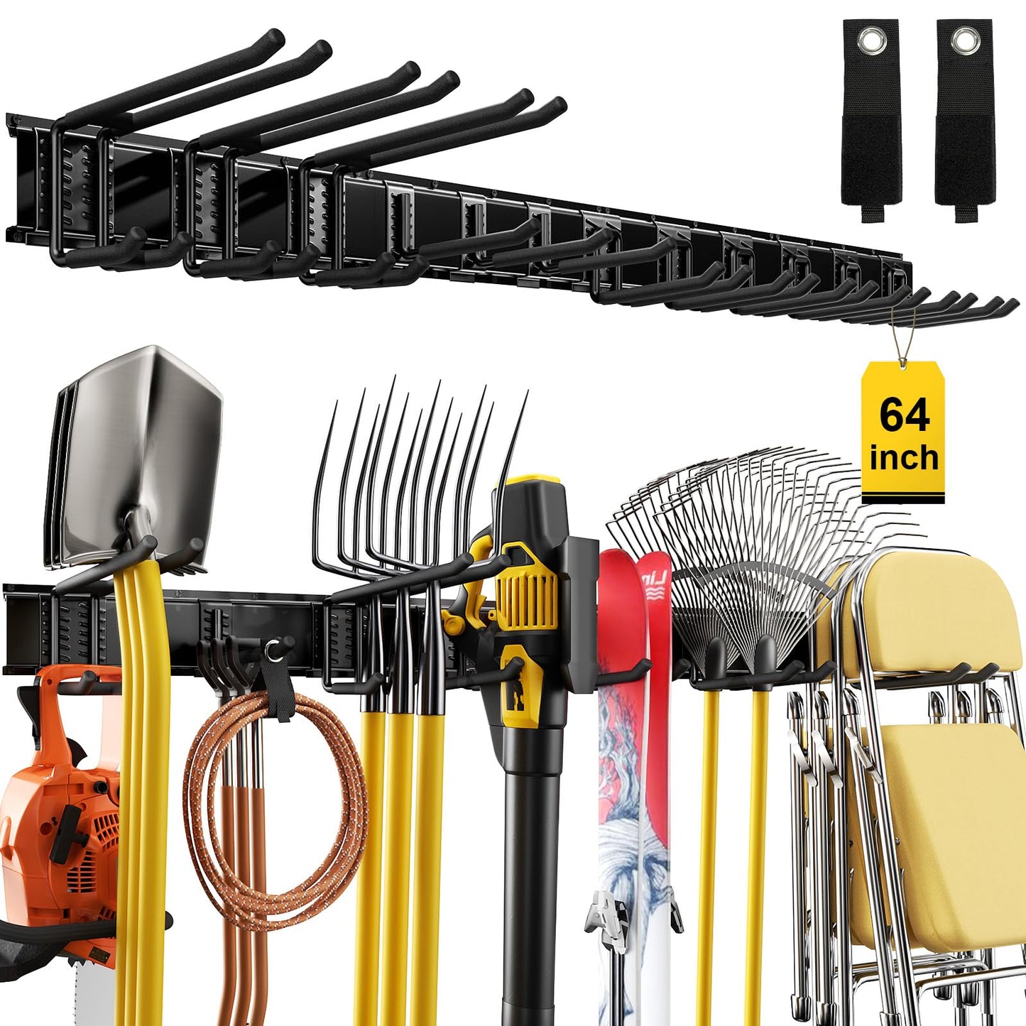 YZSFMZGE 64" Garage Wall Tool Organizer, 900 Lbs Heavy Duty Steel Garden Tool Storage Rack & Garage Organization for Yard, Shed, Garage - 12 Longer & Thicker Hooks + 2 Straps