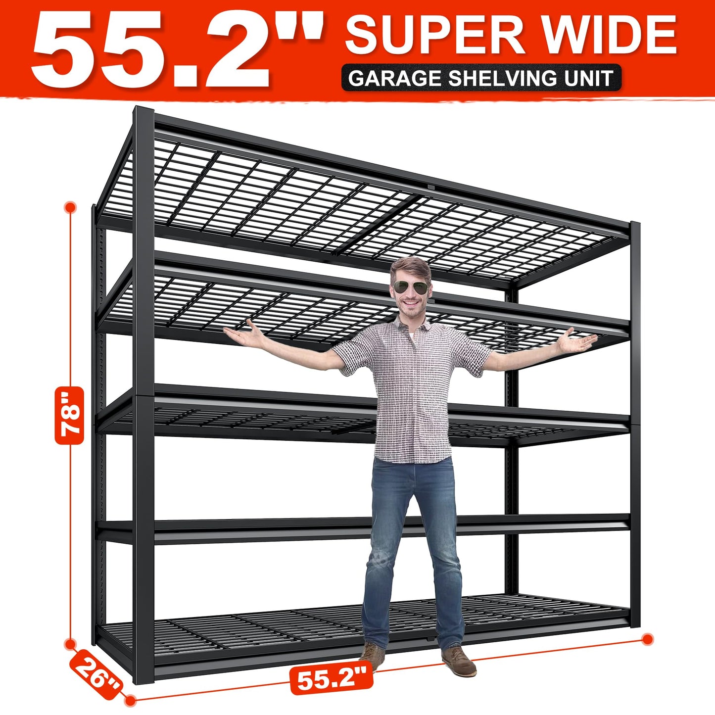 55.2"W Heavy Duty Garage Shelving Units, 3000LBS Commercial Metal Wire Shelves,26" Extra Deep Organizer Precision-Sized for Two Rows of 27-Gallon Storage Bins,Floor-to-Ceiling Steel Rack,Anti-Tip Kit