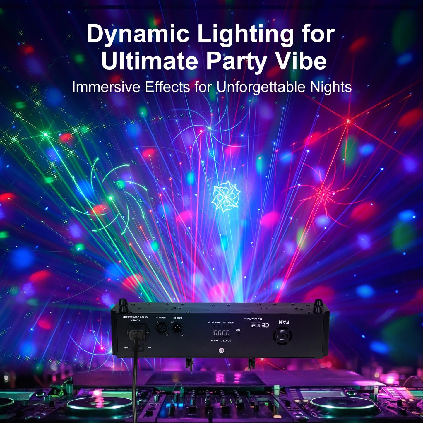 6-in-1 DJ Party Lights, DMX512 & Music Sync Stage Light, Multi-Effect Disco Ball Light with RGB Pattern, UV Black Light & Golden Strobe, Indoor LED Lighting for KTV, Bar, Club and Daily Gathering