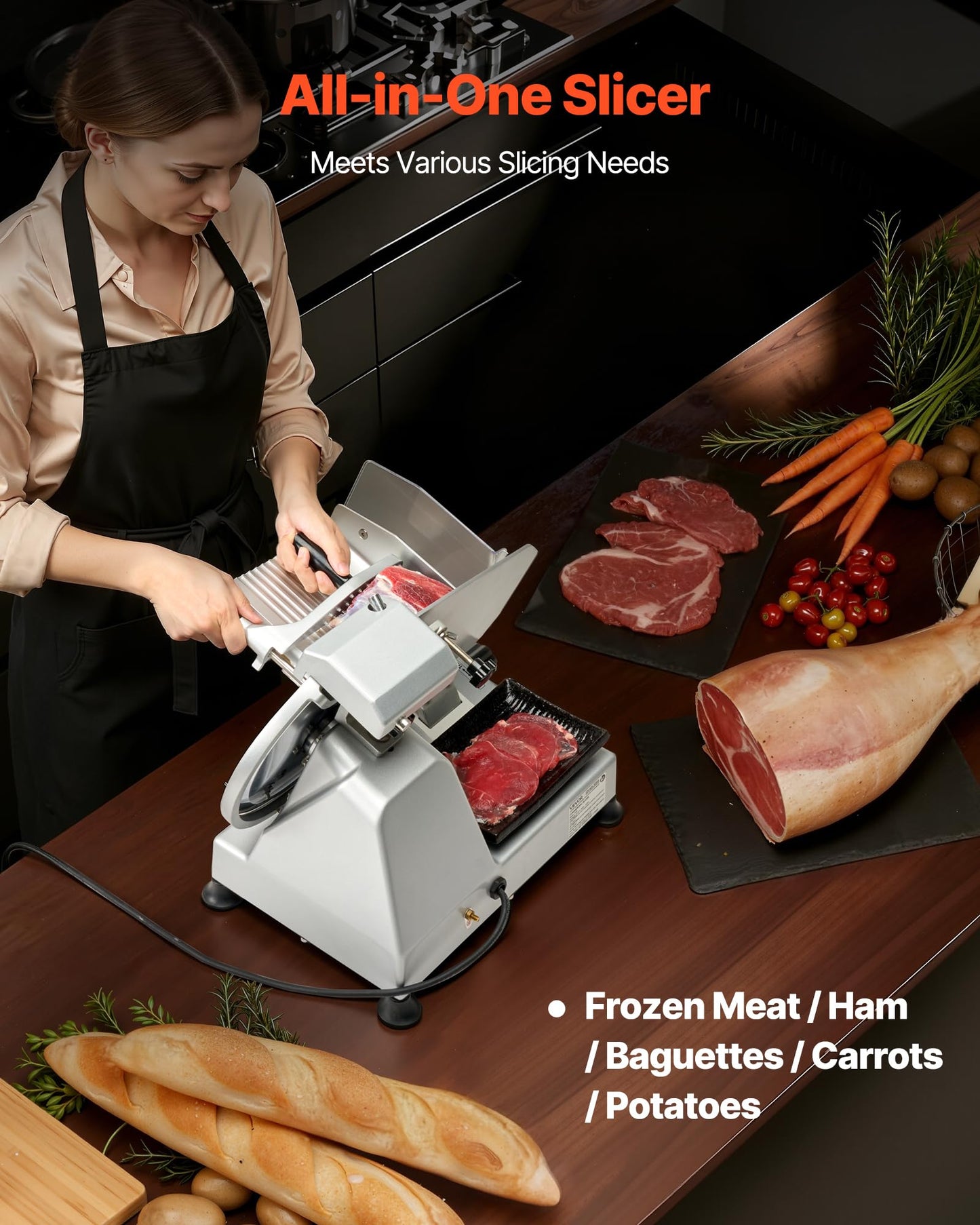 VEVOR Commercial Meat Slicer, 320W Electric Deli Slicer Machine with 10 inch SUS420 Blade, 0-0.4 inch Adjustable Thickness, for Frozen Meat, Ham, Baguett, Steak