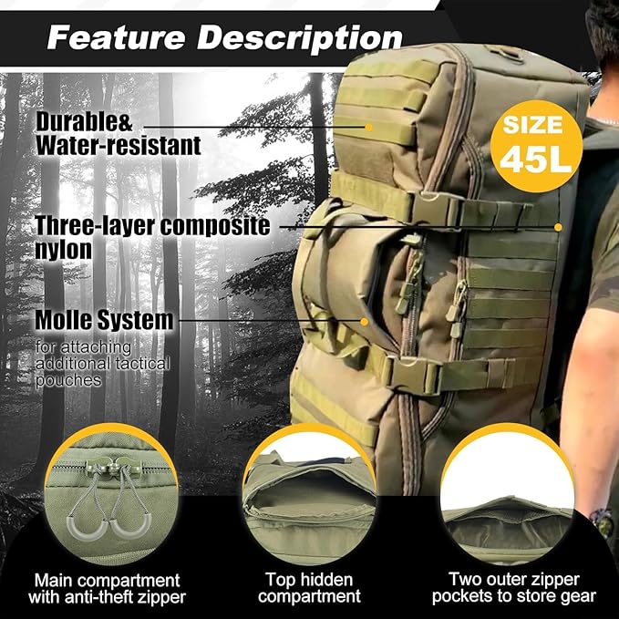 3 In 1 Tactical 45L Military Backpack Travel Duffle Bag for Weekender Gym Workout Deployment