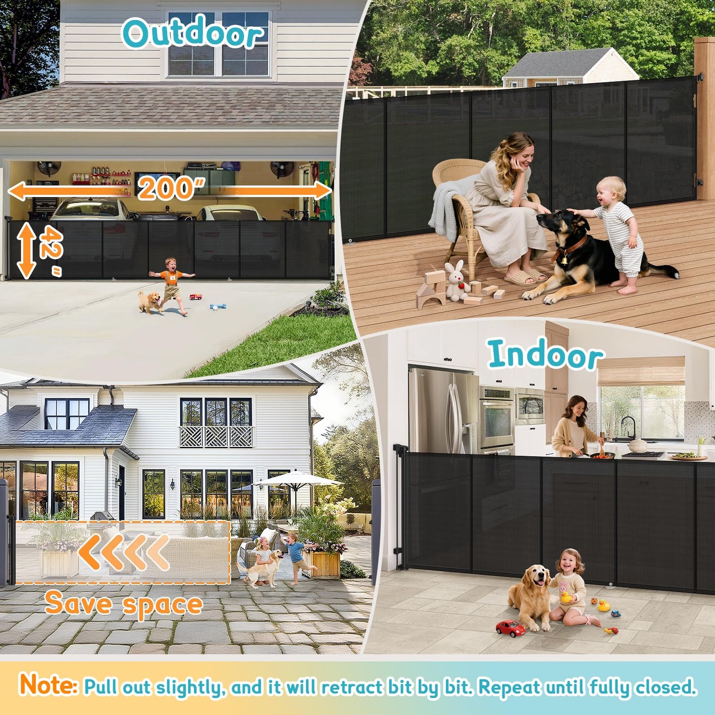 200'' Retractable Baby Gates Extra Wide, 42'' Extra Tall Retractable Dog Gate, 16 FT Black Indoor/Outdoor Retractable Gate with Reinforcement Rods for Garage, Doorways, Stairs, Decks, Driveway, Patio