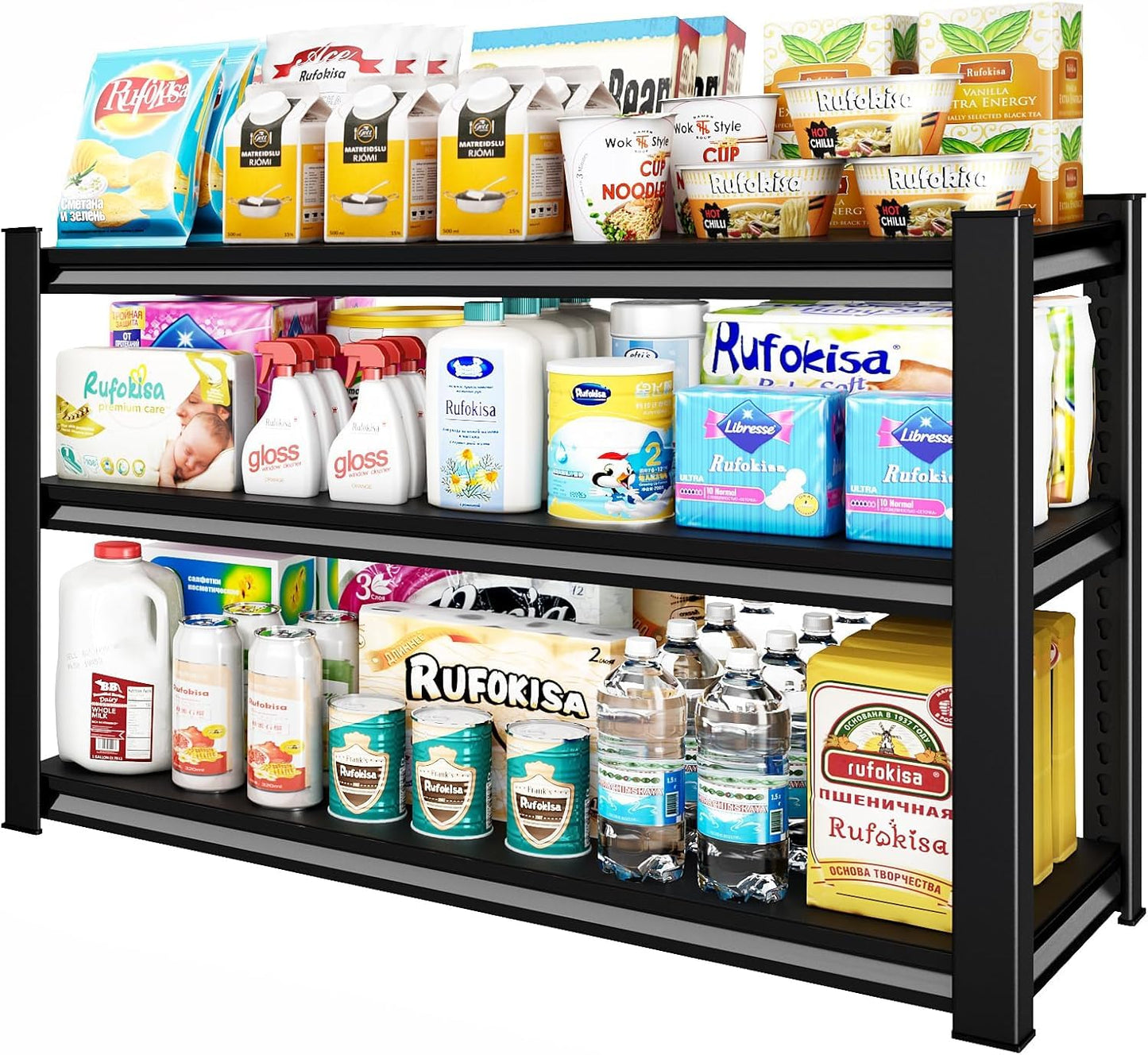 Rufokisa 3-Tier Garage Shelving Heavy Duty，48" W Metal Shelving Unit for Garage, 1650 lbs Load Capacity Utility Rack Shelves＆ Garage Shelves, 48”W x 18”D x 39”H(Black)