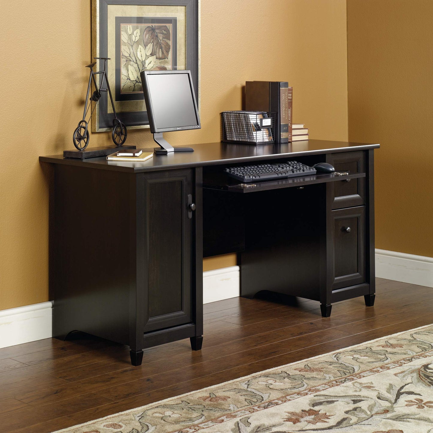 Sauder Edge Water Computer Desk with Storage Drawers, Home Office Desk, in Estate Black