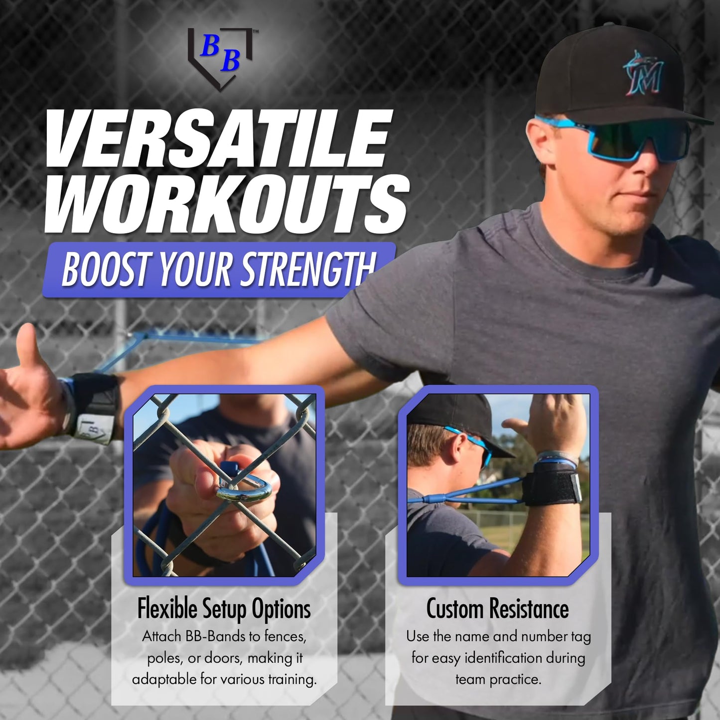 BB Bands Baseball Softball Resistance Training Bands - Arm Strength, Pitching Conditioning Equipment, 3 Strengths (Youth, Adult, Heavy), 7 Colors, Includes Anchor Strap, Door Mount, Bag, Workout Guide