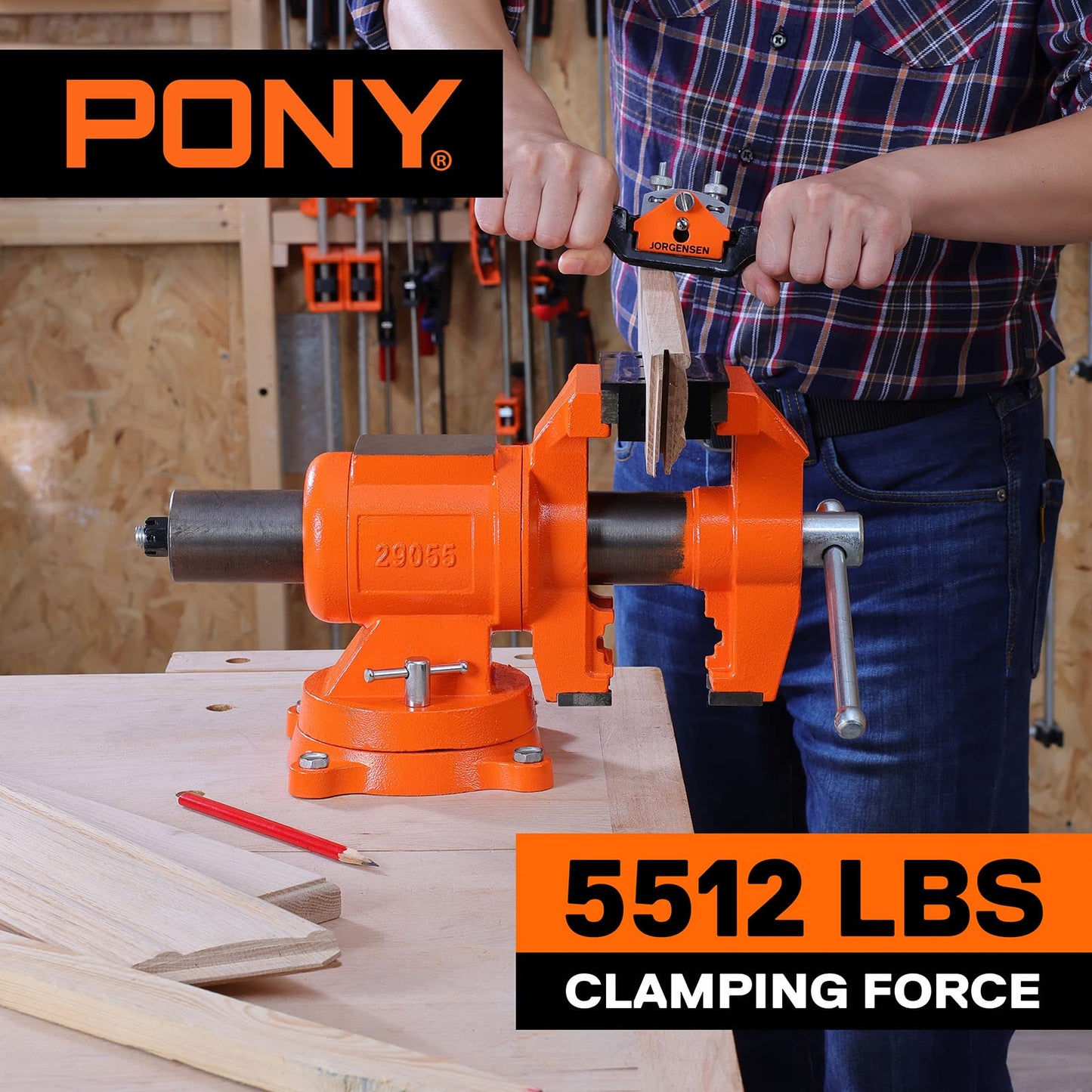 PONY Heavy Duty Bench Vise, 5-inch Jaw Width and Opening, 360-Degree Swivel Base With Anvil, Utility Combination Pipe Home Vise for Woodworking, One-Pair Vise Jaw Pad Included