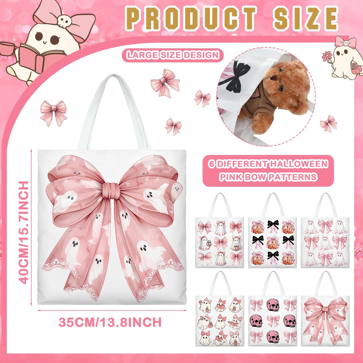 Kosiz 6 Pcs Halloween Tote Bags Bulk Pink Ghost Tote Reusable Trick or Treat Goodie Bags Cute Ghost Canvas with Handles for Halloween Bow Pumpkin Canvas Supplies Shopping Party Favors