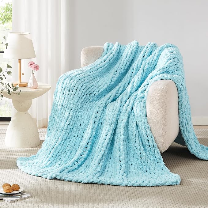 L'AGRATY Chunky Knit Blanket Throw: 72''x84'' Chenille Chunky Knitted Throw Blankets for Bed Couch - Handmade Thick Big Cable Knit Blanket - Large Crochet Blankets for Home Decor(Light Blue)