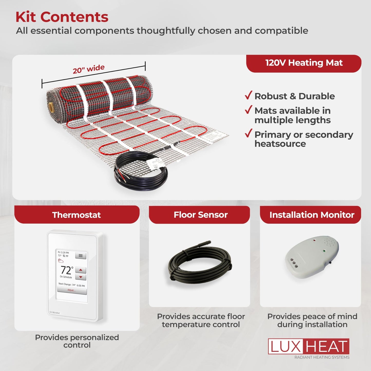 LuxHeat 80sqft Floor Heating Mat Kit - 120v Under Laminate & Tile Floor Heat Mat - Electric Radiant Heated Flooring System - Includes UWG4 WiFi Programmable Thermostat w/GFCI, Alarm & Sensor
