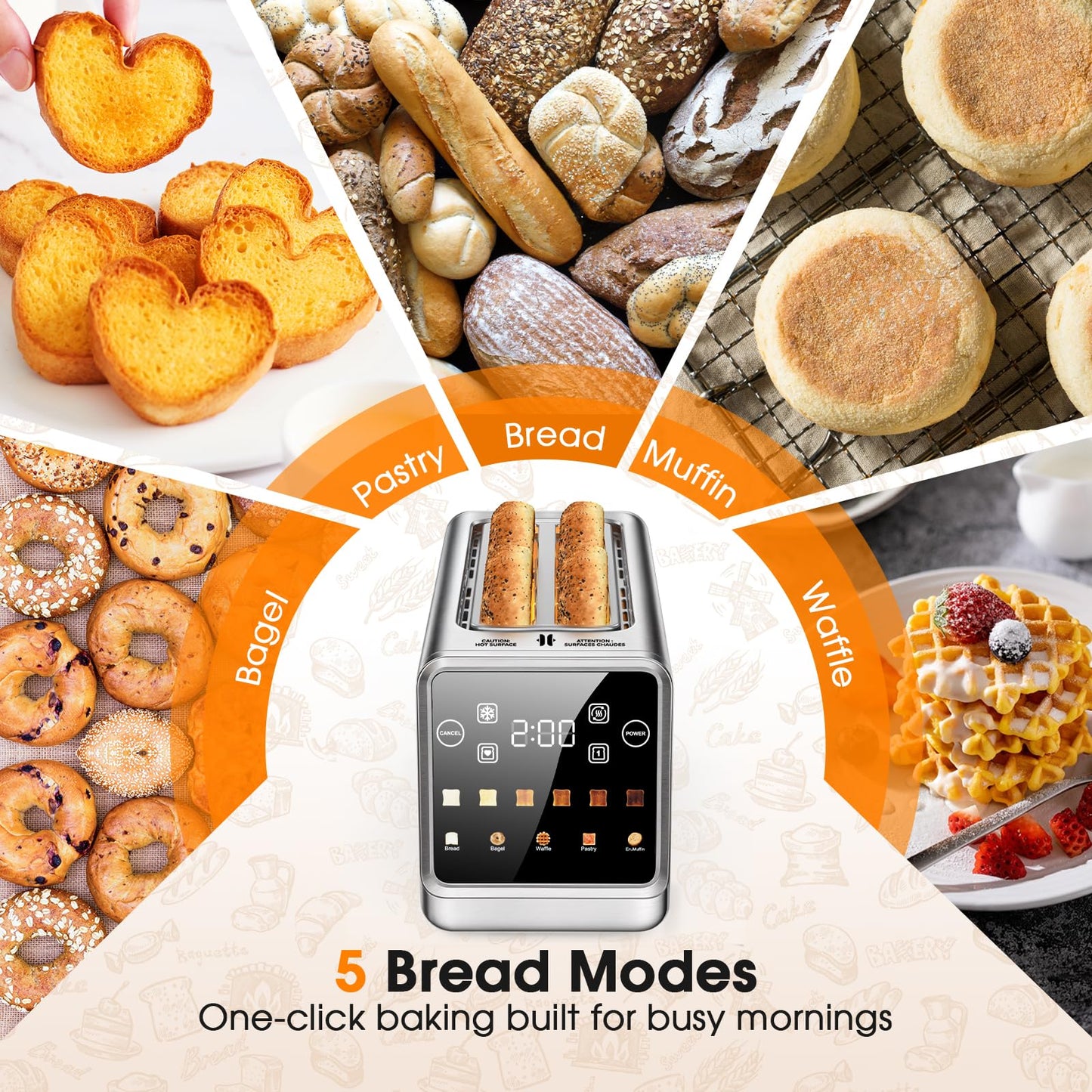 Smart 4-Slice Toaster, 75° Touchscreen with Digital Timer & Even-Heat Tech, Extra-Wide Slots for Bagels & Thick Bread, 6 Browning Levels, Defrost/Reheat, Single-Slot Energy Saving