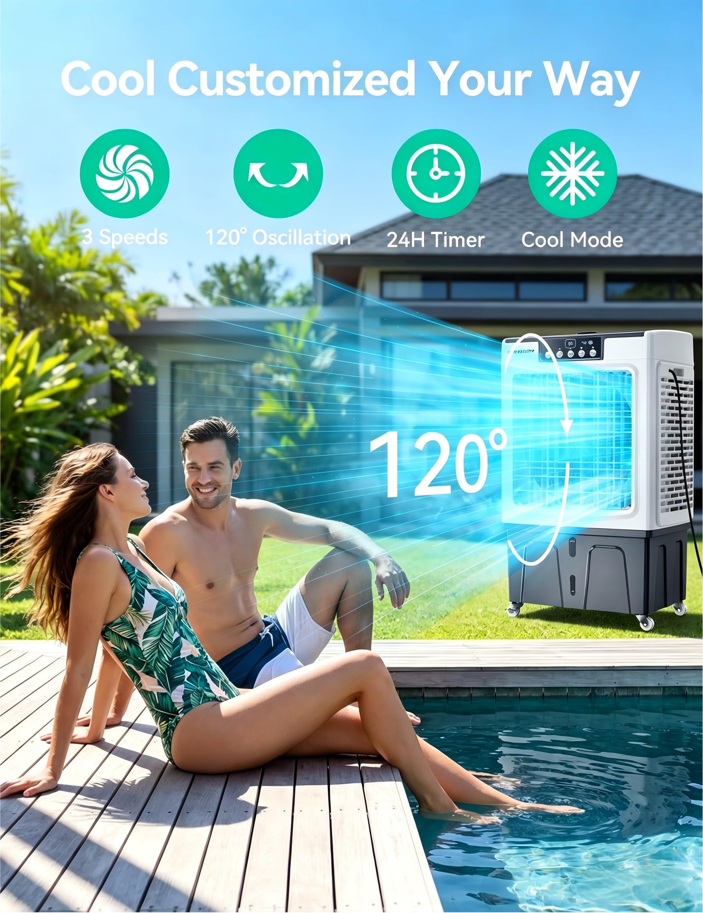 VAGKRI Swamp Cooler, 2100 CFM Evaporative Air Cooler with 8 Gallon Tank, 120° Oscillation, 3 Modes & 3 Speeds, 24H Timer, Remote Control, Outdoor Cooling Fan with Auto Fill for Patio, Garage, Factory