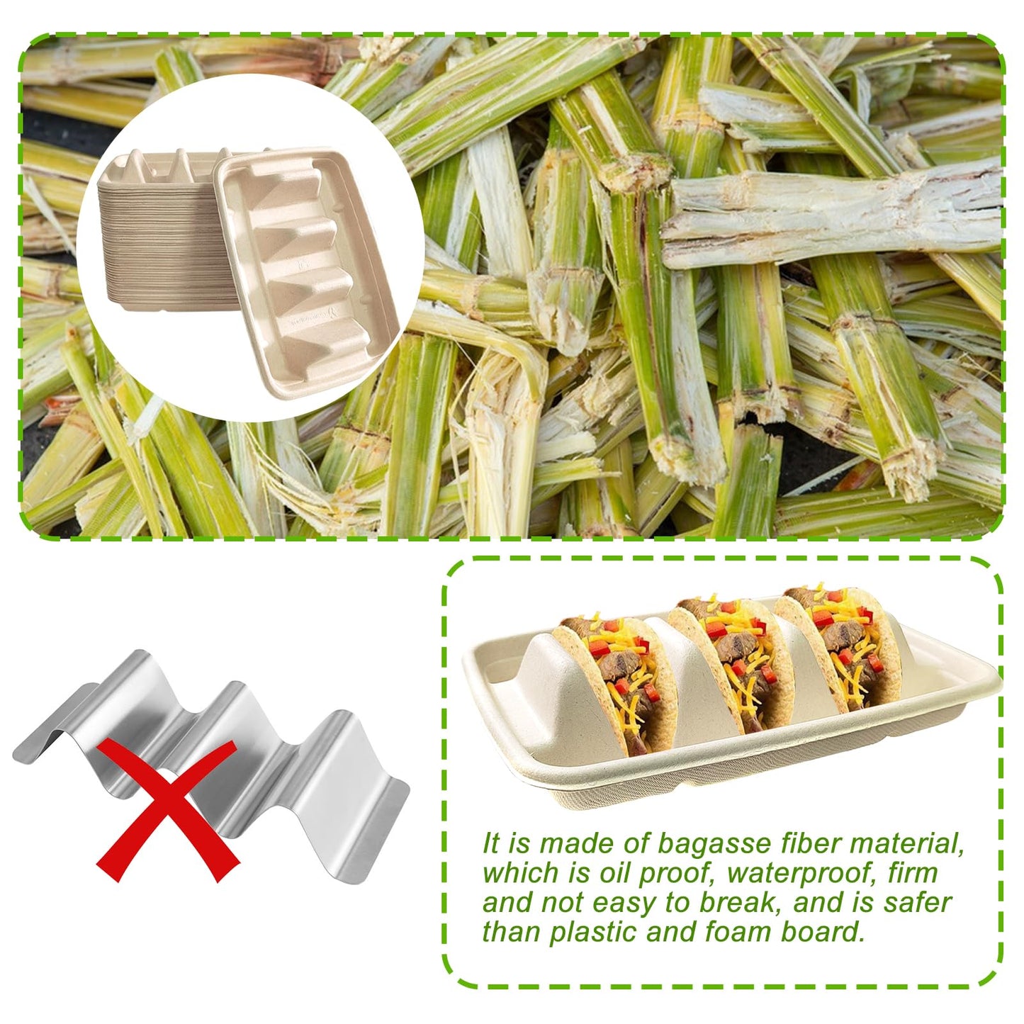 Sibosen 50PCS Disposable Taco Holder for Party，Disposable Taco Plates with 3 Dividers Disposable Taco Holders for Taco Tray Holder, Pulp Fiber Plates Disposable for Taco Tuesday Lazy Susan Taco Bar