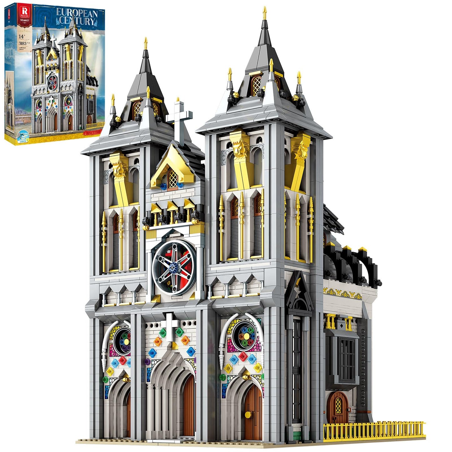 Reobrix Medieval Castle Building Block Set with Light,Architectural Model Kit 66027,European Century Church,Construction Model for Adult and Teens Age of 14+,Home Decoration,Idea Art Gift,3183 PCS