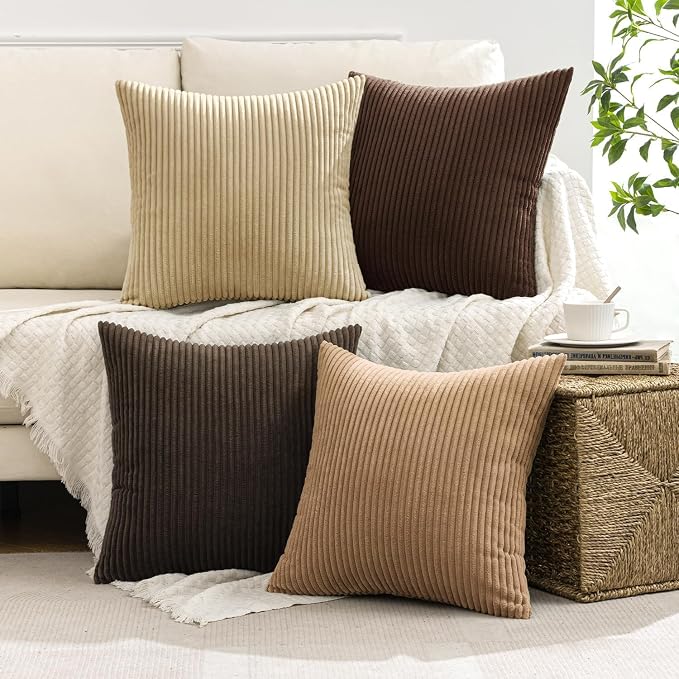 MIULEE Boho Farmhouse Throw Pillow Covers 18x18 Inch Set of 4 Rustic Mordern Neutral Cushion Covers Soft Corduroy Nordic Home Decor for Couch Bed Sofa Living Room Dark Brown