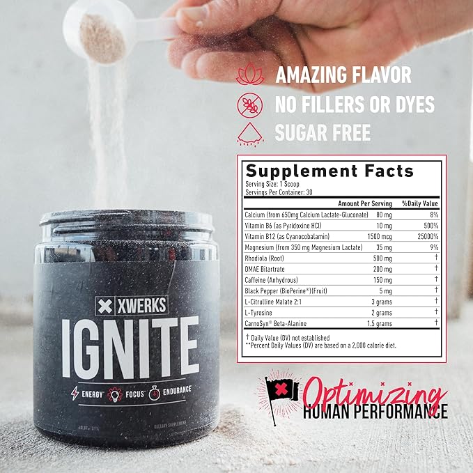 Xwerks Ignite Green Apple Pre Workout Powder, Natural Keto Pre Workout for Women and Men with Explosive Energy, Gluten Free Blend for Endurance and Stamina, 150mg Caffeine, 30 Servings