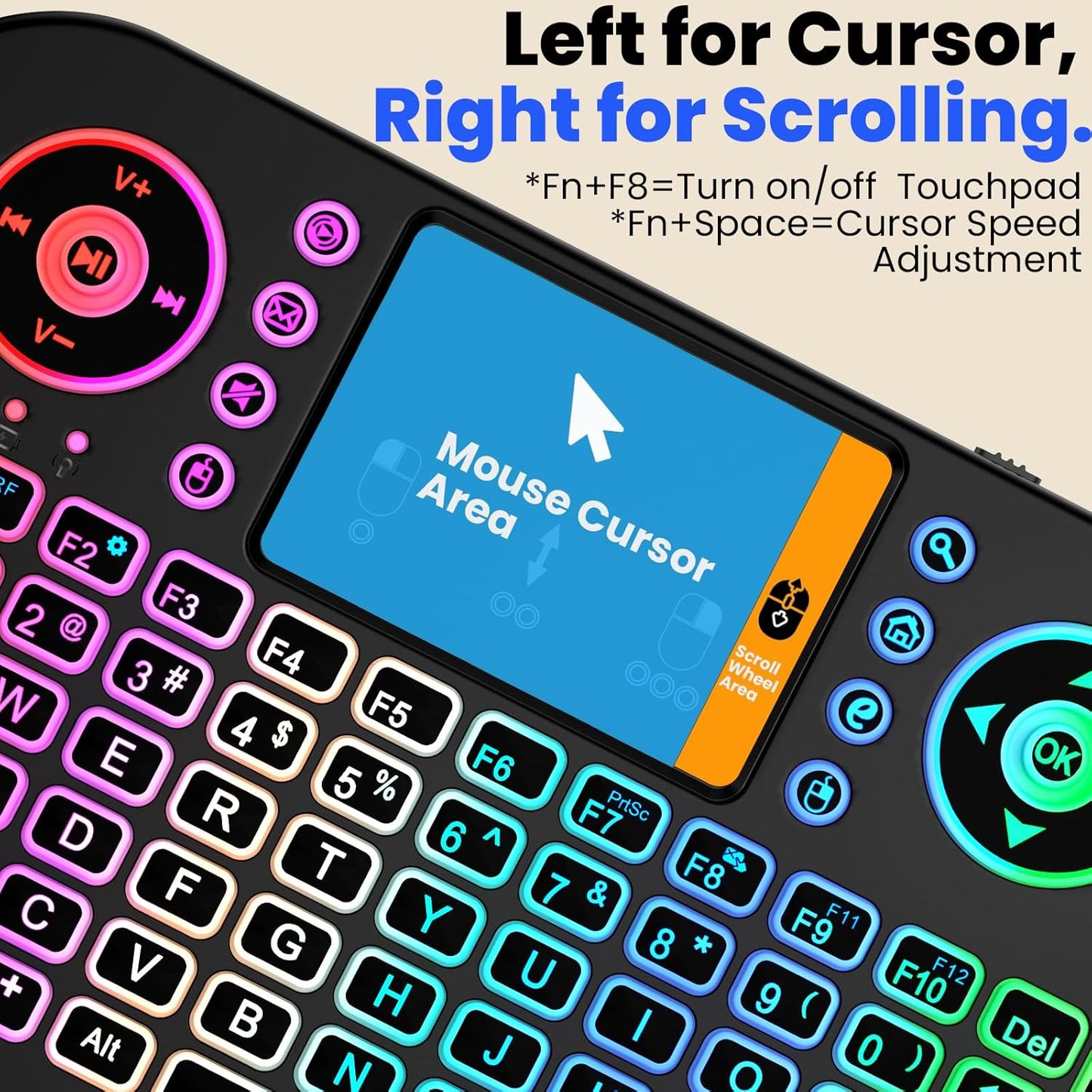 MRSVI Touchpad-2.4GHz Dual-Mode,7-Color PS3, Mini Keyboard with & Bluetooth Backlight, Multimedia Hotkeys