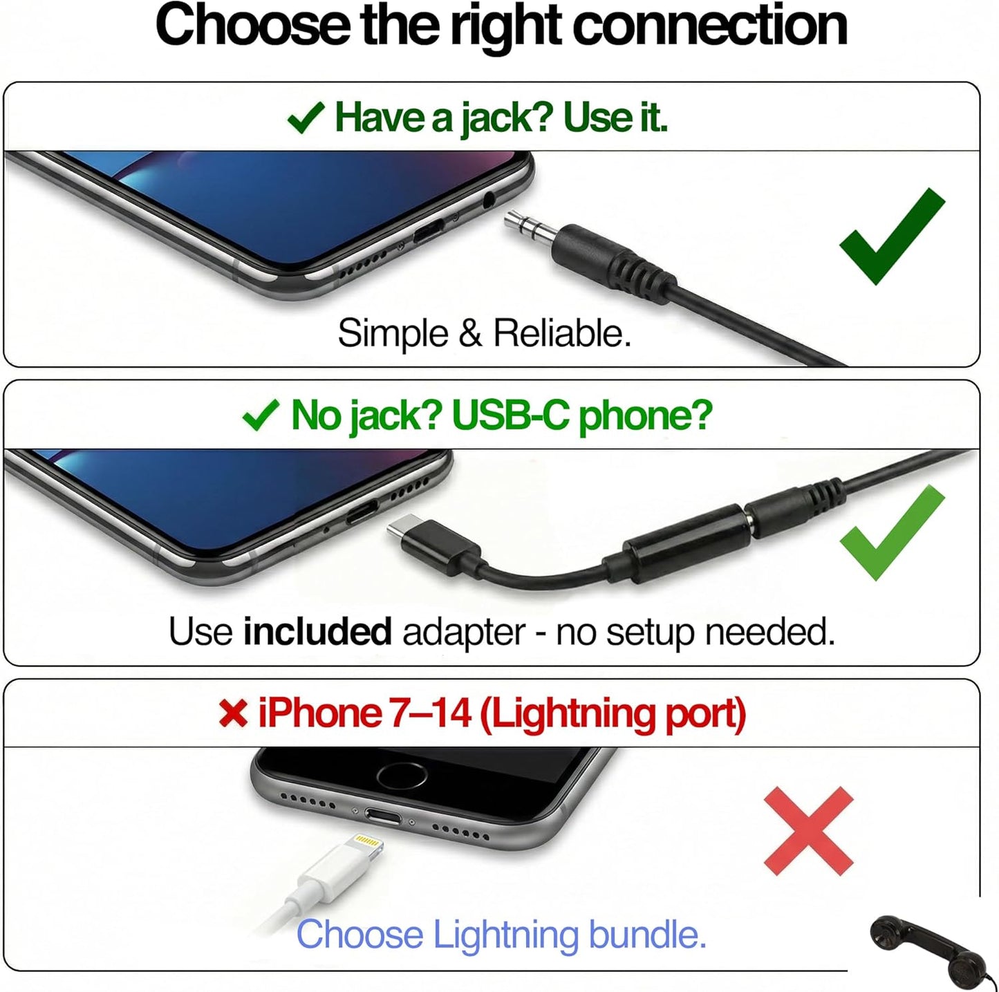 60s Handset 3.5 mm Opis Technology Micro Retro Phone for Smartphones, Corded Receiver with Plug and USB-C Adapter