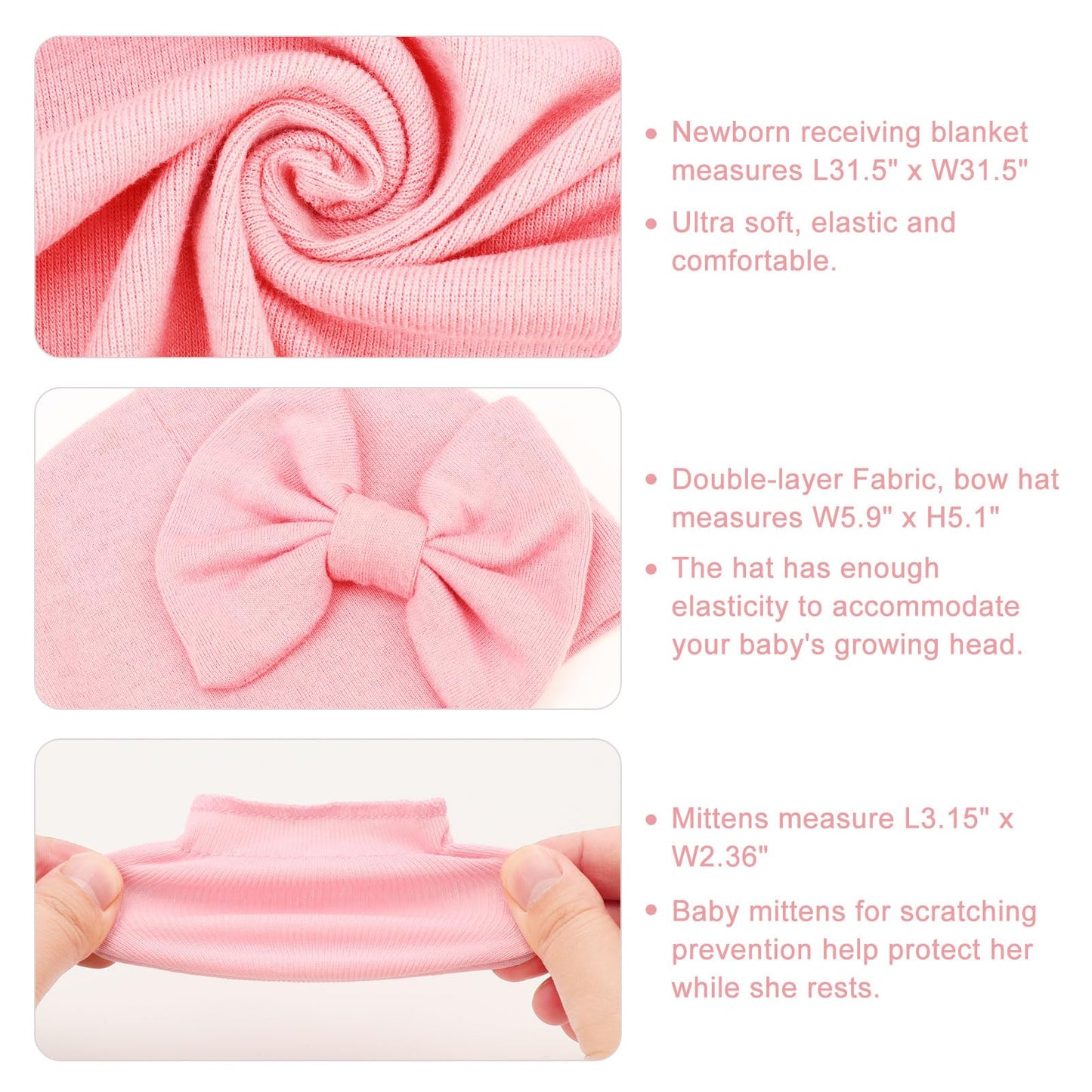 AQOKKA Newborn Receiving Blanket with Bow Hat Mittens Set Nursery Swaddle Wrap Toddler Swaddles for Newborn Baby Boy Girl