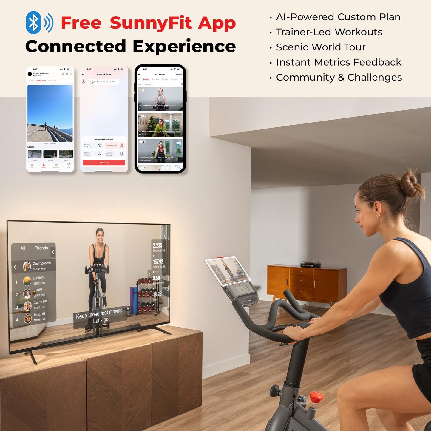 Sunny Health & Fitness Excel 500 Smart Indoor Cycling Bike, 40LB Flywheel Stationary Cardio Exercise Equipement, Free SunnyFit App Connection- SF-B124069