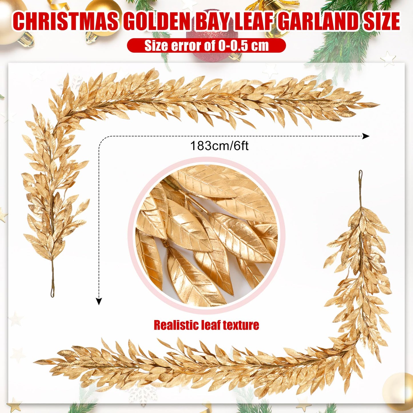 Jutom 9 Ft Gold Christmas Bay Leaf Garland Decoration Gold Bayleaf Garland for Christmas Fireplace Front Door Stairs Decoration Xmas Holiday Winter Engagement Birthday Wedding Supplies