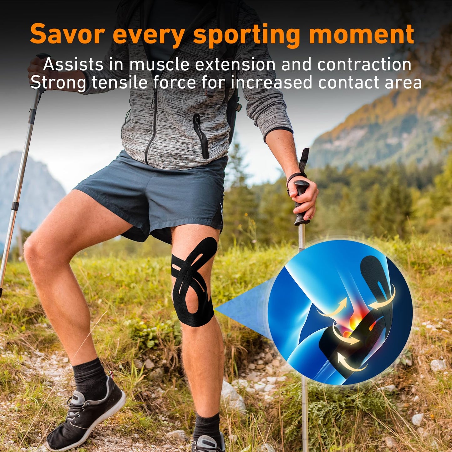 PreCut Kinesiology Tape for Knees, 24 PCS Waterproof KTQUICK Knee Tape for Knee Pain Relief Pre Cut, Original Cotton Athletic Knee Tape, Waterproof & Hypoallergenic Latex-Free for Sports (Black)