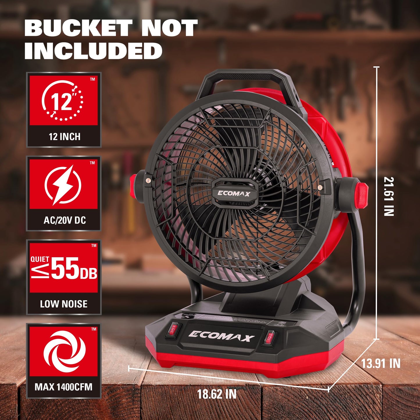 ECOMAX 12" AC/DC Bucket Top Misting Fan, Cordless with 2x20V Batteries & 2A Charger, 2-Speed Airflow & 2-Speed Mist Cooling Fan for Outdoor, Patio, Camping, Fits for 5-Gallon Bucket & Garden Hose