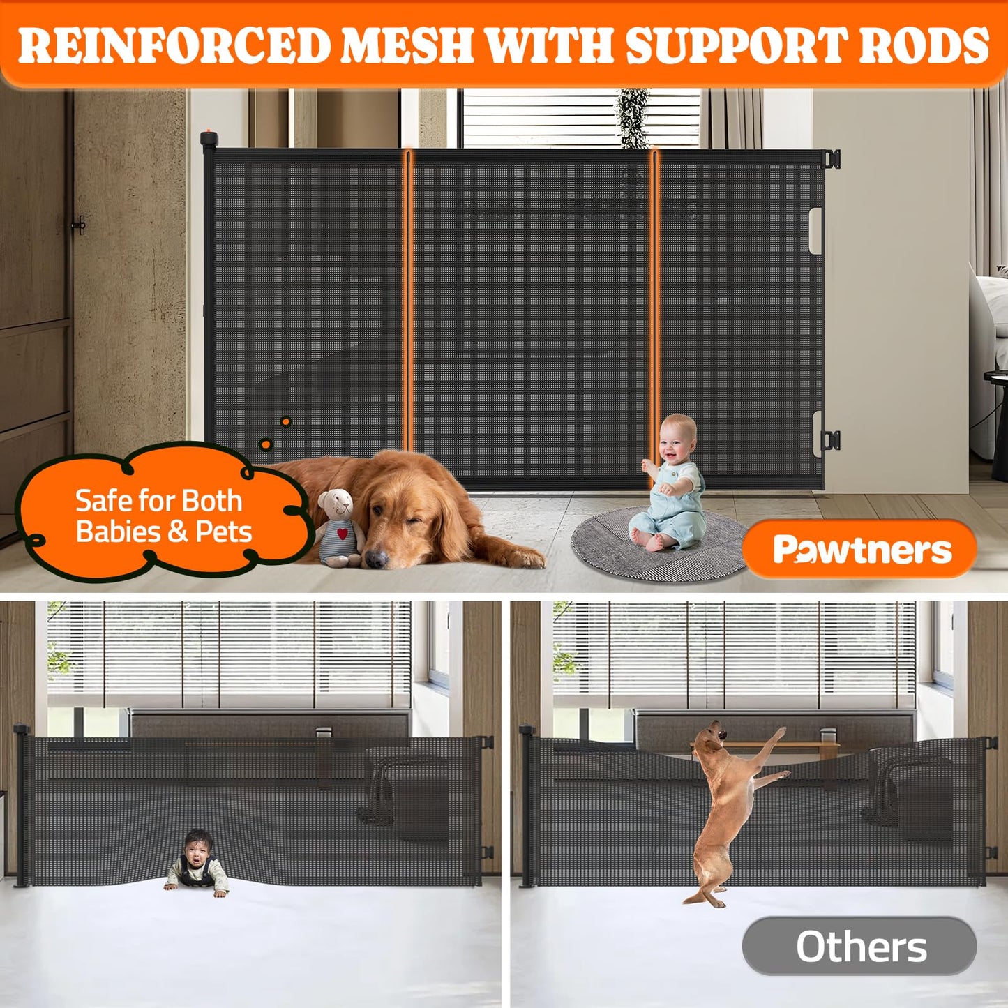 Extra Tall Retractable Baby Gates: 51" Tall Pet Gate, Extend up to 120" Wide, Mesh Baby Gate with Support Rods Jump-Proof Design for Cats & Large Dogs High Dog Indoor Outdoor, Black