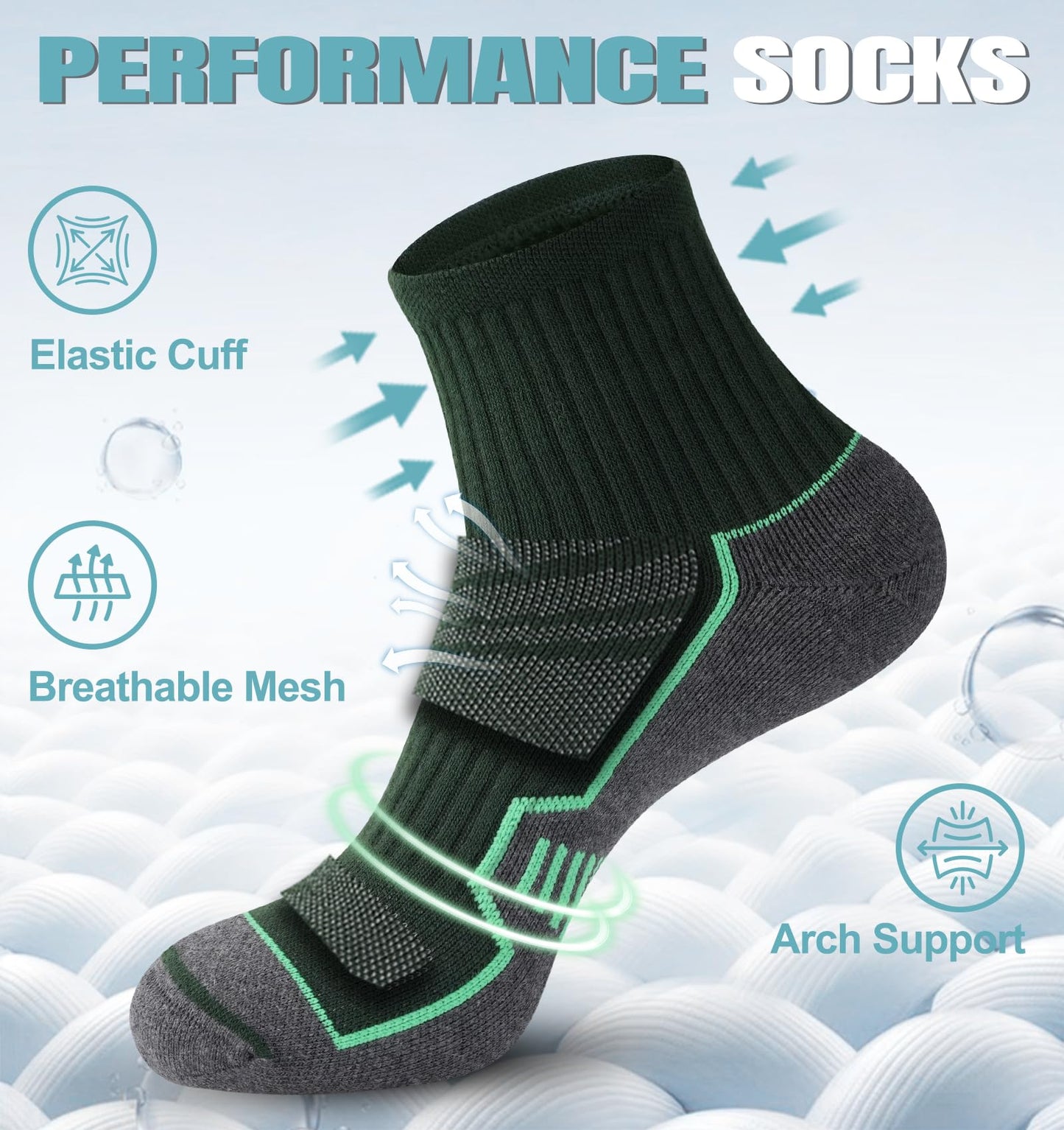 Horuru Mens Cushioned Ankle Running Socks, Moisture Wicking Athletic Quarter Hiking Socks for Work Gym Sports 6 Pairs