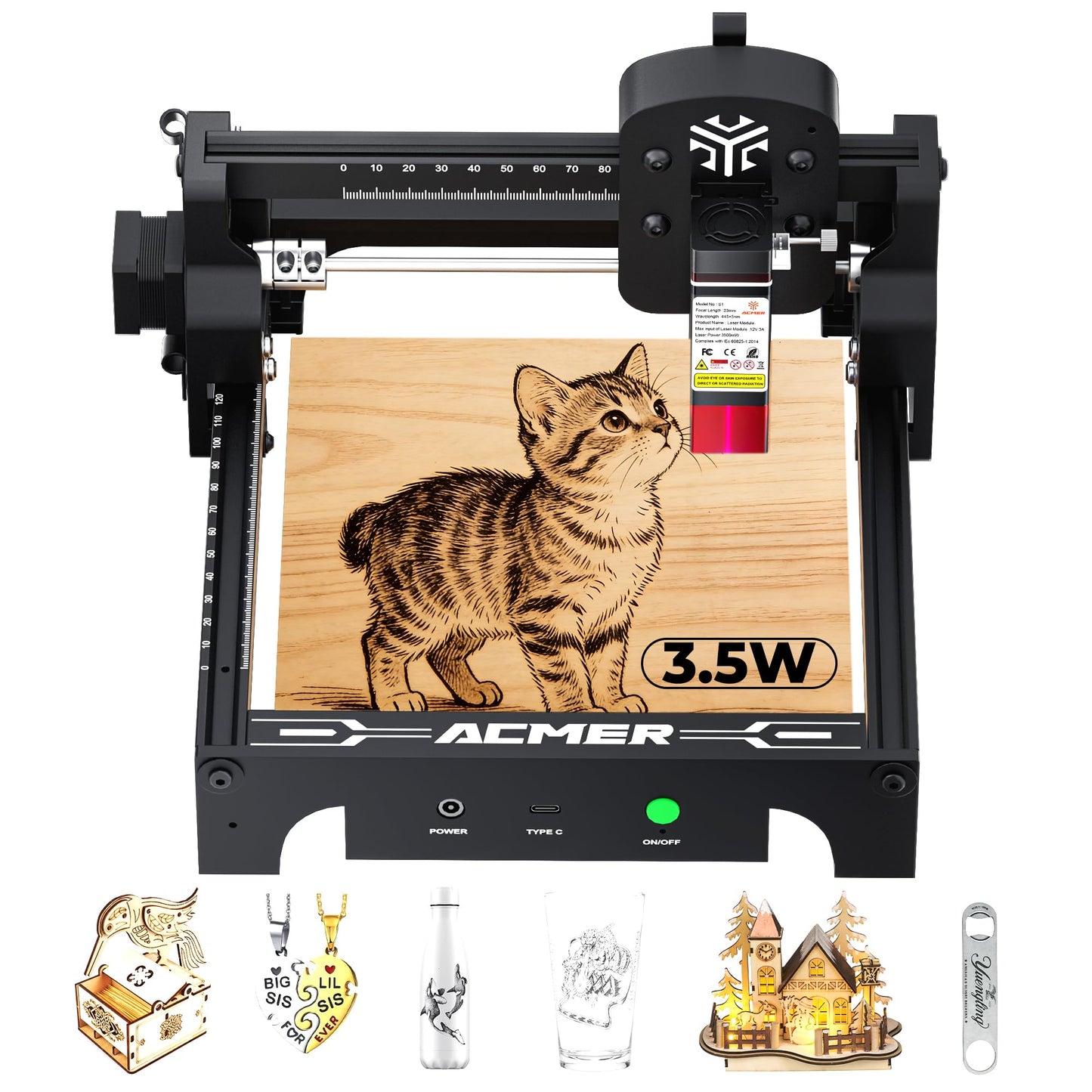 ACMER S1 Laser Engraver 3500mW, Compact Desktop Engraving & Cutting Machine for DIY Crafts, Small Business & Makers, 130x130mm Work Area, 0.04mm Detail Engraving for Wood, Acrylic