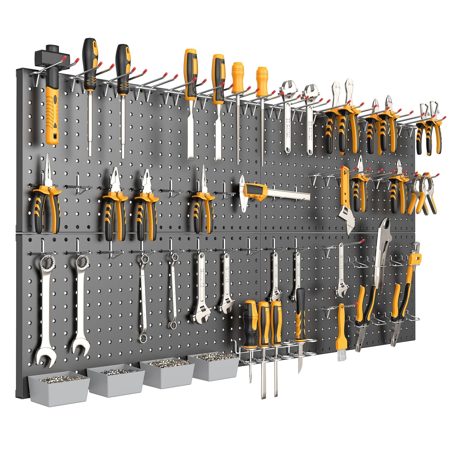 TORACK Garage Tools Organizer Boards Kit with Hooks, Modular Wall-Mounted Tool Storage Pegboard for Workbench(Black, 4 Panels with Hooks)
