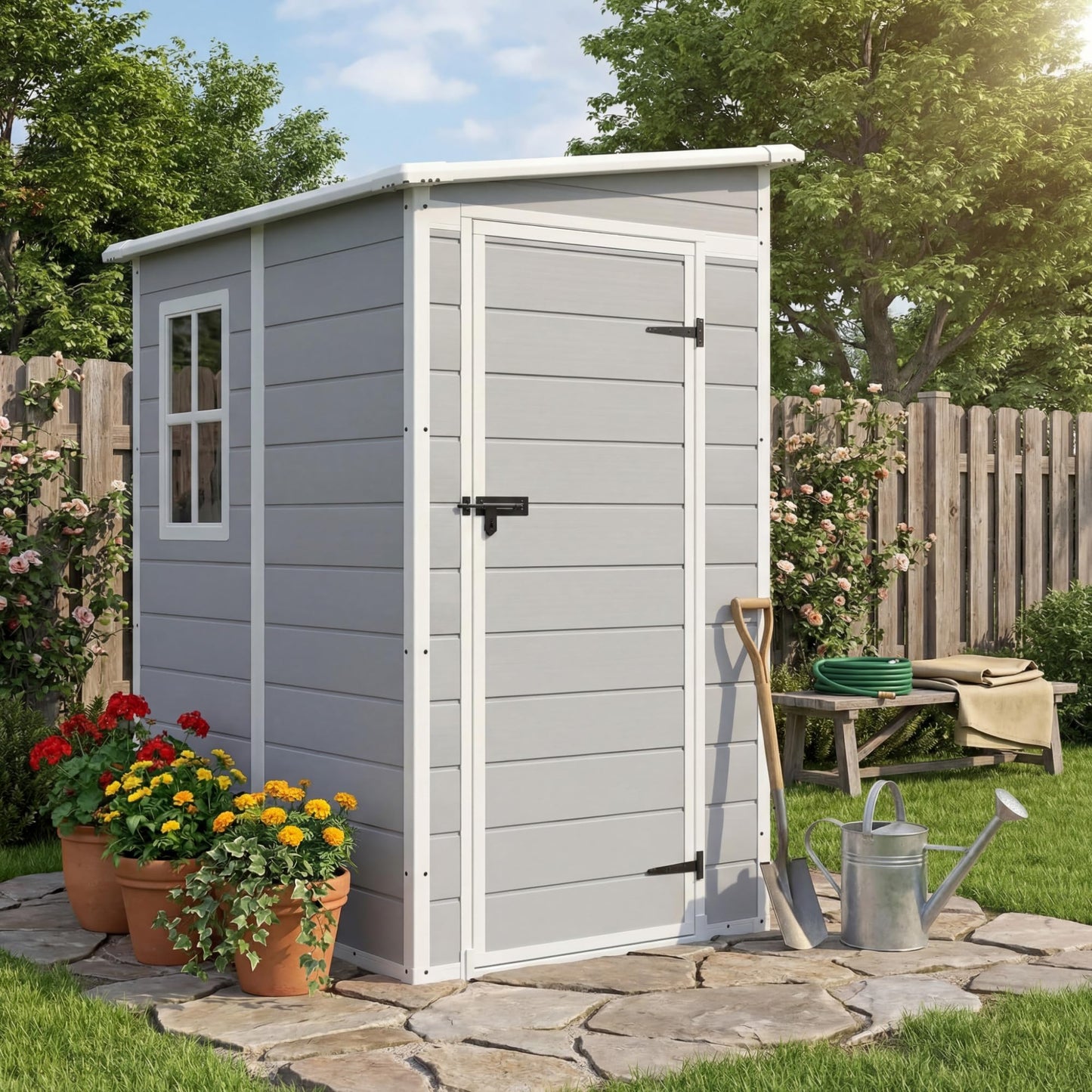 Devoko 5x4 FT Plastic Outdoor Storage Shed with Floor, Waterproof Resin Garden Shed with Lockable Door, Outside Tool Shed for Backyard, Patio, Lawn, Light Grey