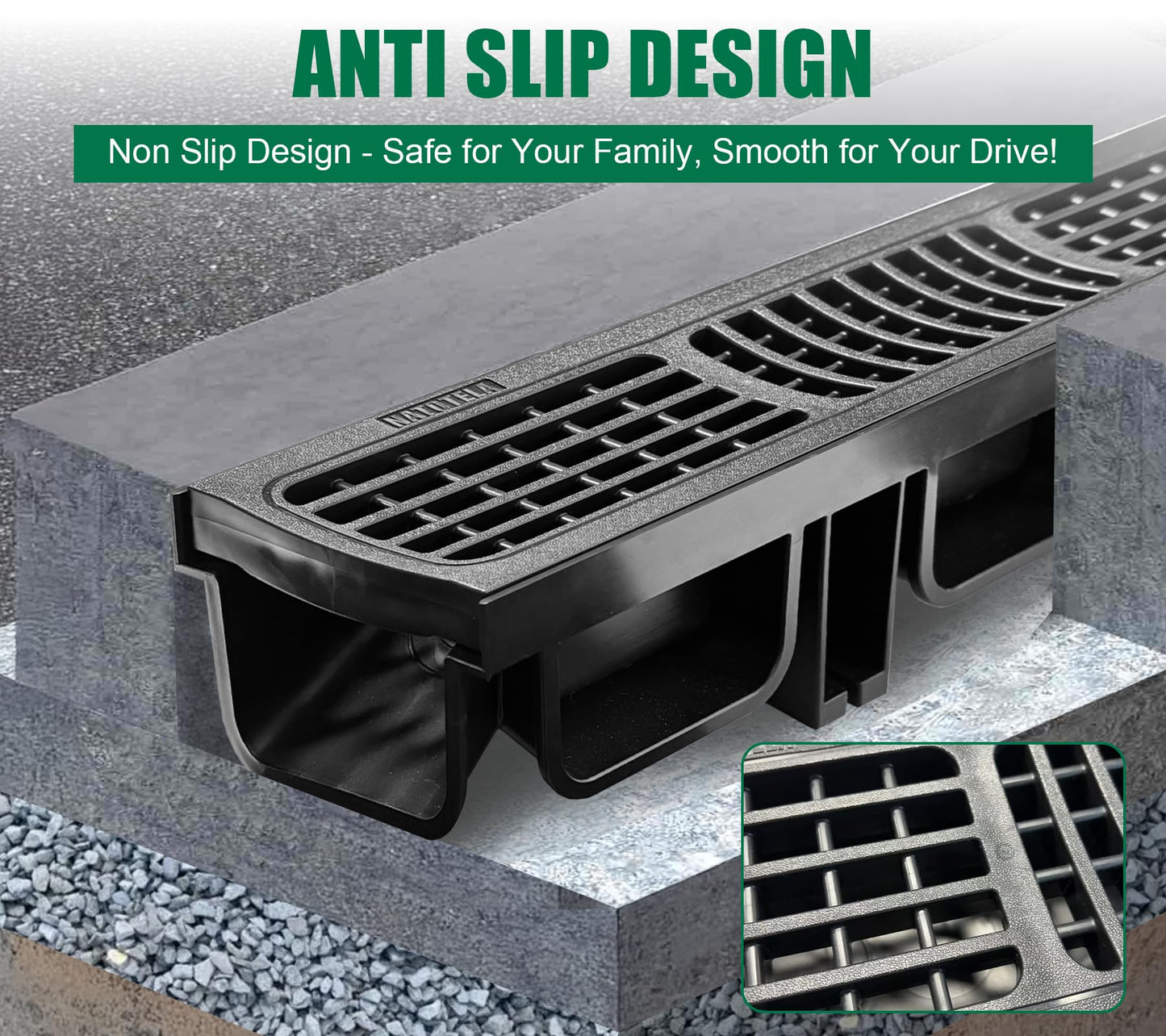 Natotela B Class Driveway Channel Drain with HDPE Grate-19.7Lx5.5Wx3.9H in. Shallow Profile Trench Drain System,6 Pack Total Length 118.2in,Heavy Duty Trench Drain for Garage,Parking Lot,Concrete