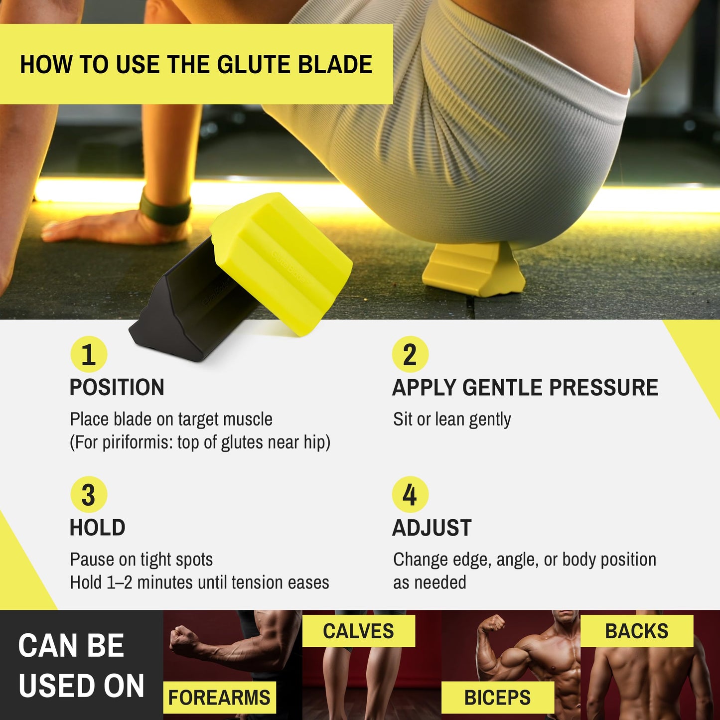 GLUTE BLADE Piriformis Massage Roller, Targeted Trigger Point Massager Tool for Hip, Leg, Lower Back, Muscle Knot Release and Sciatica, 3 Different Heads, Larger Size, Hard Density, Red