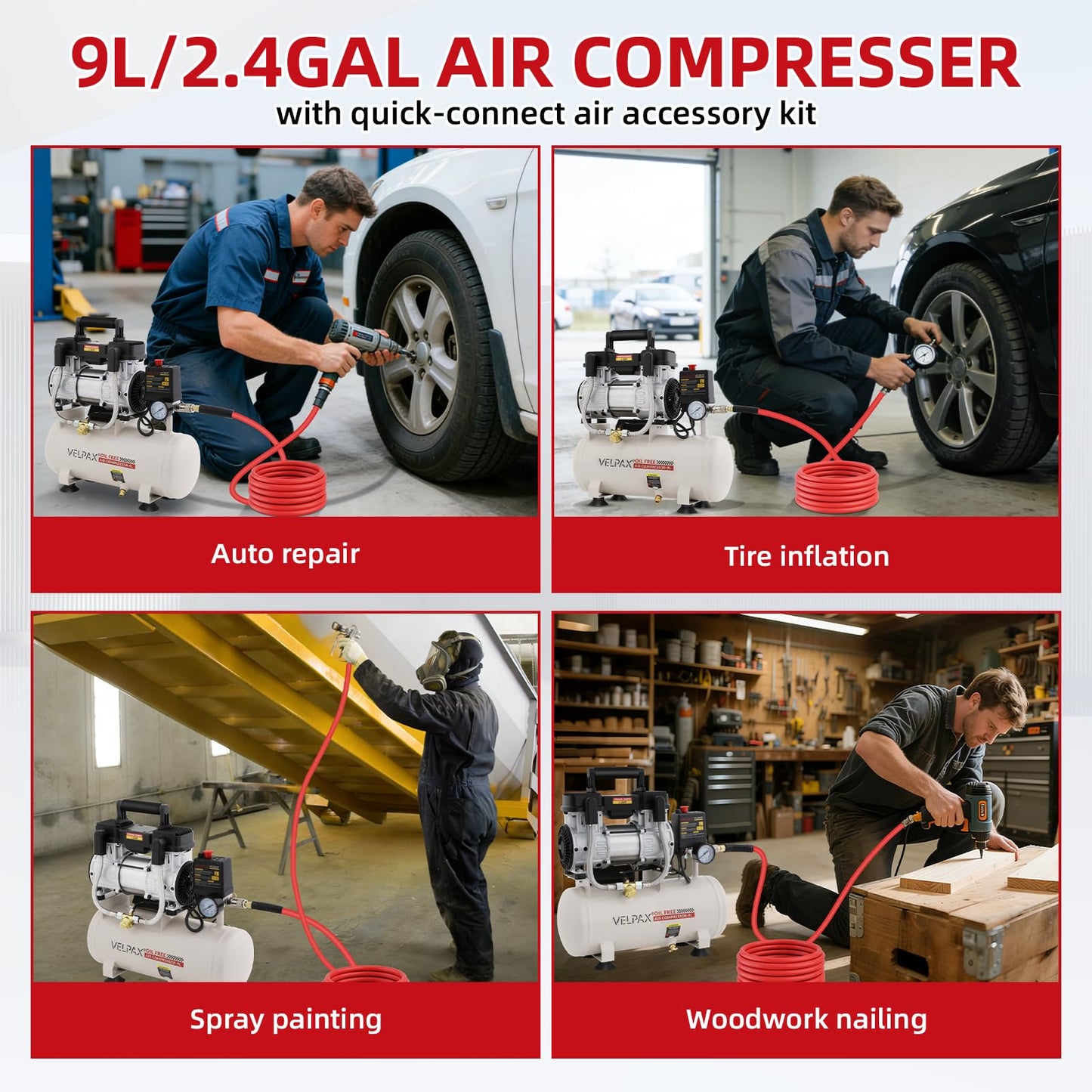 Ultra Quiet Air Compressor, Only 60dB, 2.4 Gallon Tank, Oil-Free, 110V/60Hz 1.5HP, 6.71CFM@115PSI, Air Compressor Perfect for Spray Painting, Auto Repair, Tire inflation, Woodwork nailing