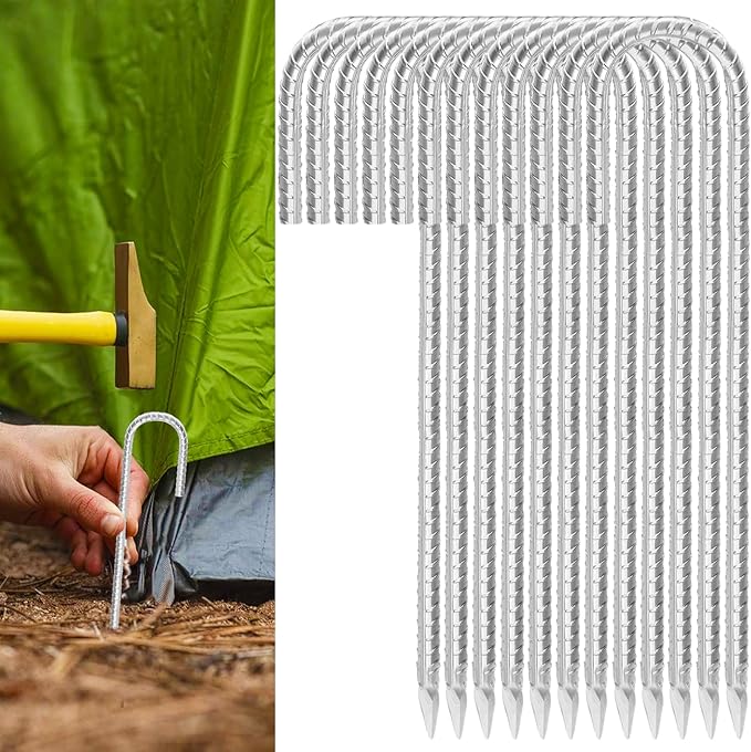 Rebar Stakes 12inx6mm Galvanized J Hook 12pcs – Heavy Duty Ground Tent Stakes for Fence,Bounce House,Outdoor Plants,Artificial Turf,Dog Coop,Metal Stakes for Christmas Decorations