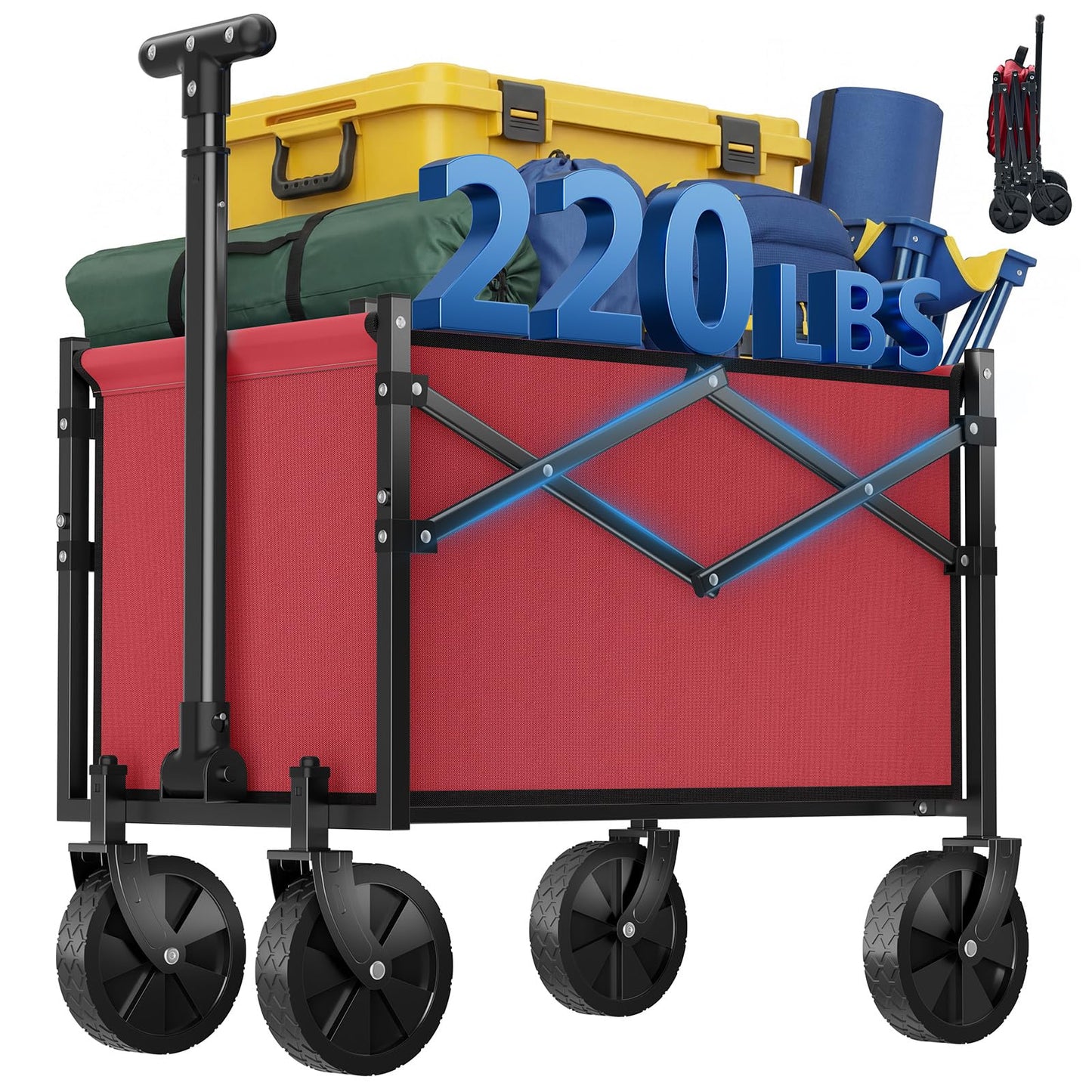 DUMOS Collapsible Wagon with Wheels, 220LBS Wagons Carts Foldable Small Wagon Cart with Flexible Handle, Lightweight Portable Folding Utility Grocery Shopping Cart for Sports Garden Camping, Red
