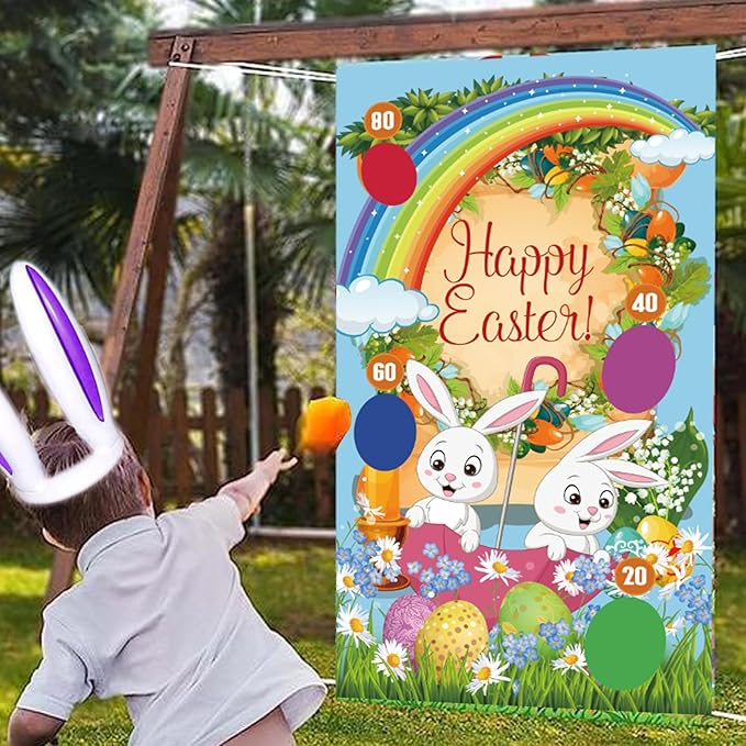 Easter Toss Game with 4 Bean Bags and 2 Pack Easter Inflatable Bunny Rabbit Ears Ring Toss Party Games Indoor Outdoor Family Party Supplies Carnival Game