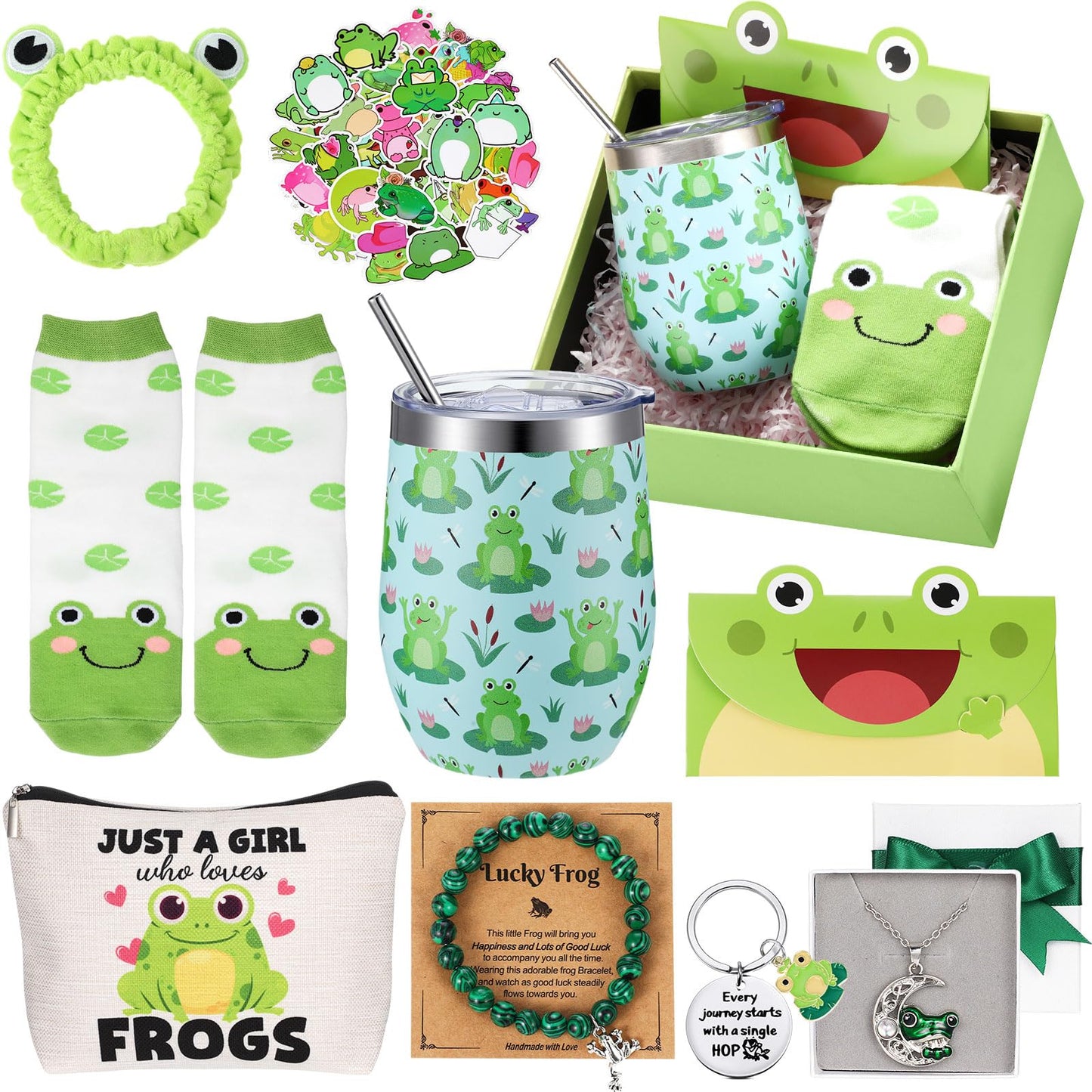 Landical 59 Pcs Frog Gift for Women Include Tumbler Mug Makeup Bag Sock Bracelet Necklace Scrunchie Wooden Ornament Greeting Card in The Gift Box for Birthday
