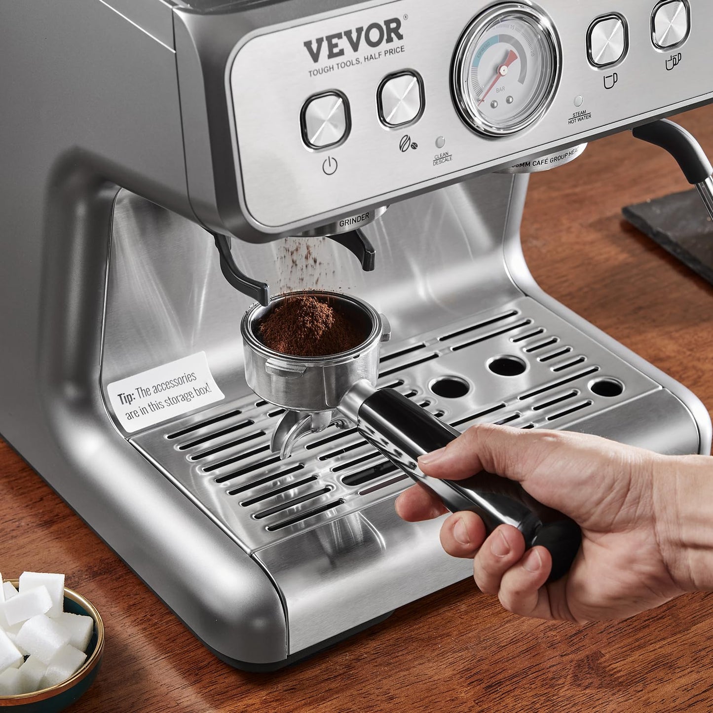 VEVOR Espresso Machine Built-in Grinder, 15 Bar Semi-Automatic Espresso Coffee Maker with Milk Frother Steam Wand, PID Control System for Cappuccino, Latte, Machiato